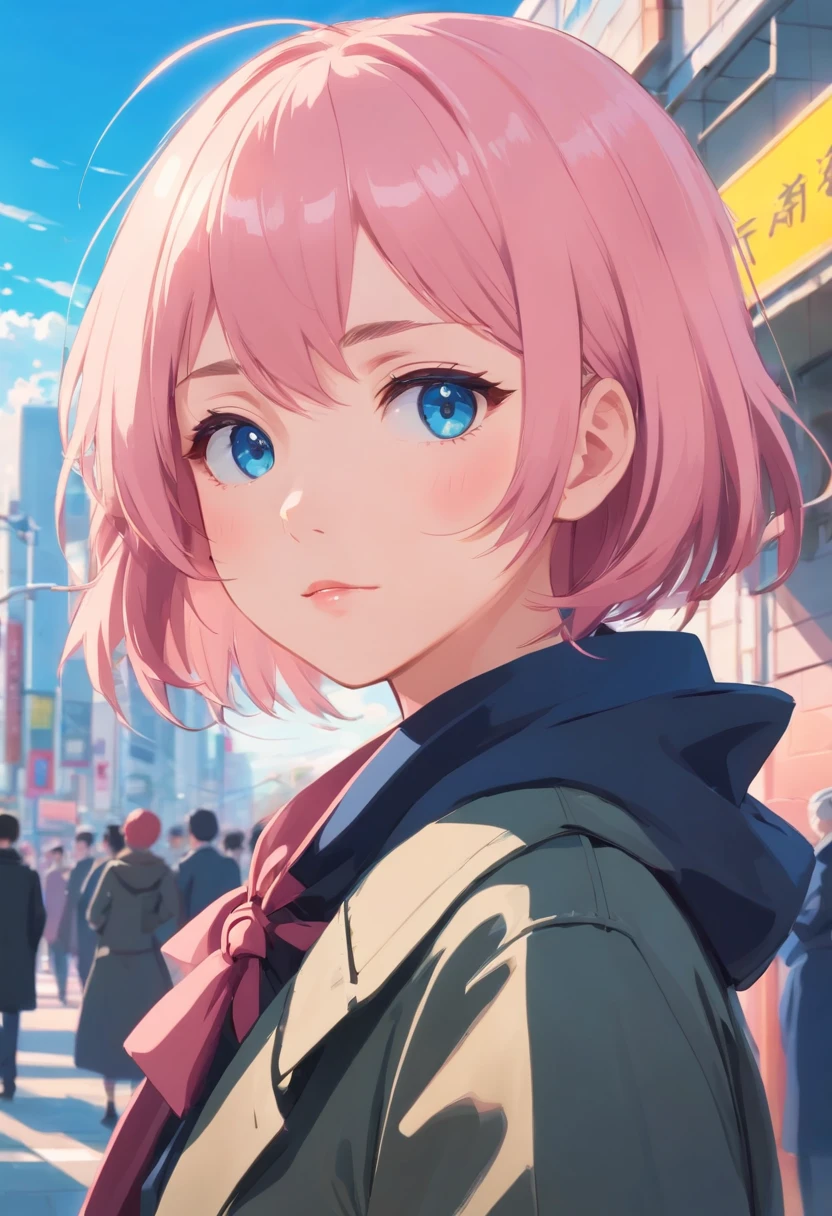 "Young girl, fair complexion, short pink hair with a high undercut style, sky-blue eyes with long eyelashes, a determined gaze. She wears a Japanese school uniform with a black hooded trench coat on top. She is enjoying a school festival."