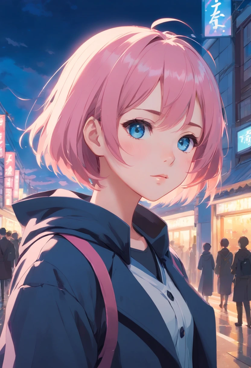 "Young girl, fair complexion, short pink hair with a high undercut style, sky-blue eyes with long eyelashes, a determined gaze. She wears a Japanese school uniform with a black hooded trench coat on top. She is enjoying a school festival."