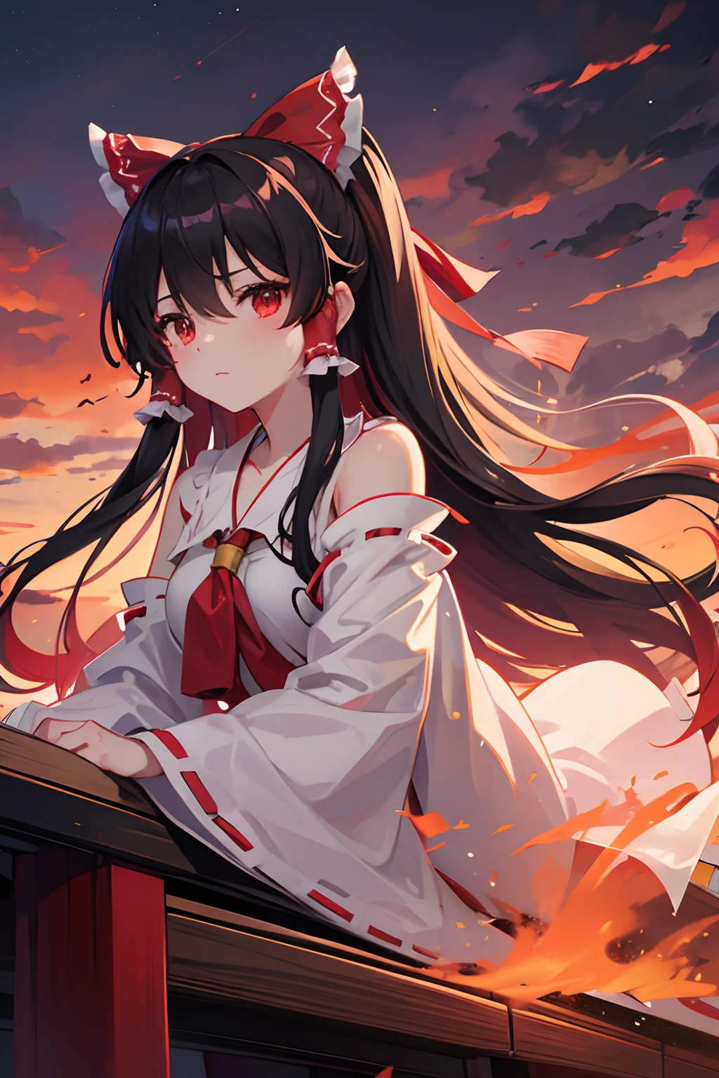 Hakurei Reimu,evening glow,black clouds,Red Sky,foggy