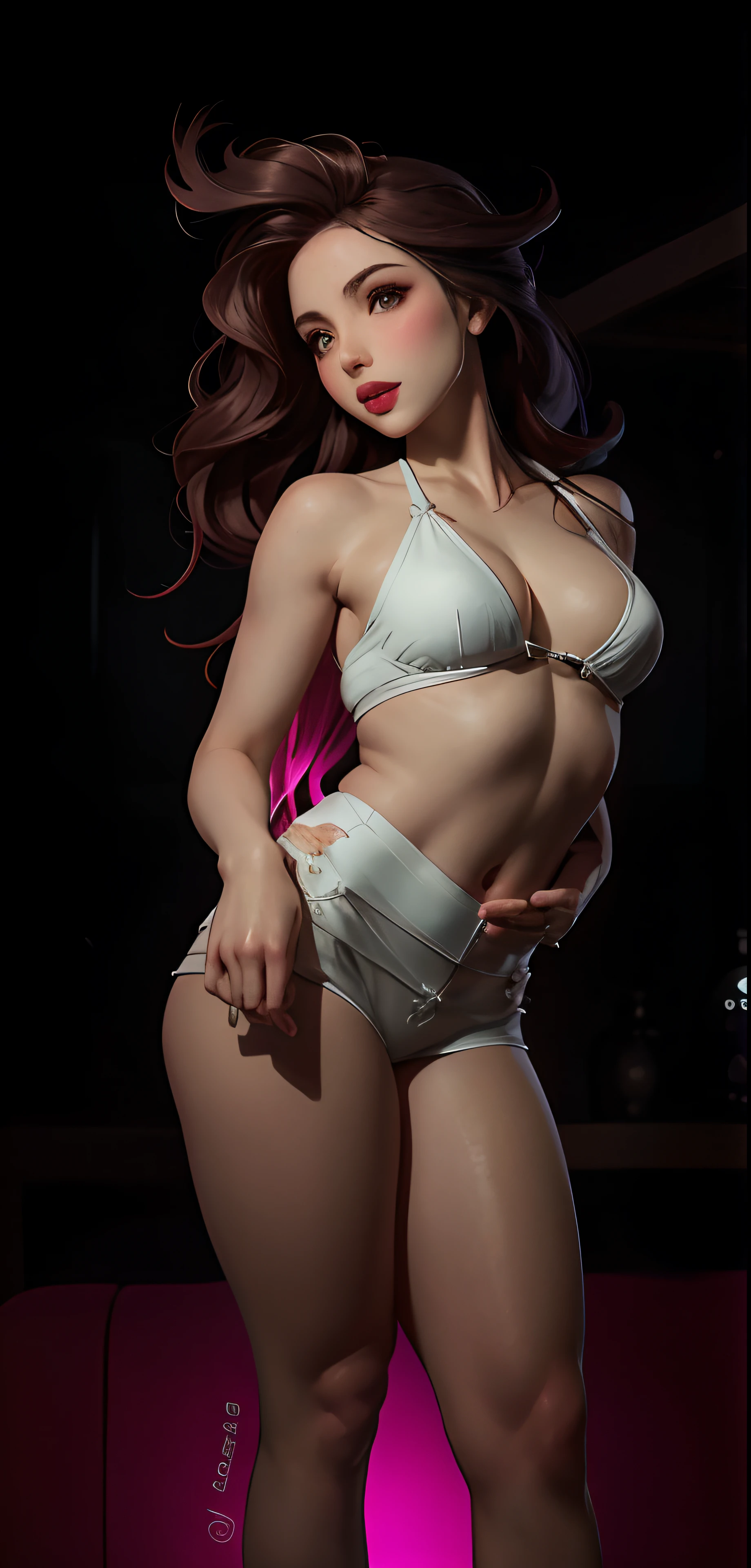Arafed mujer en bikini blanco posando para una foto, Amouranth, pose sexy, Cuerpo perfecto fotorrealista, Cuerpo sensual con vientre sexy, cuerpo sexy, Cuerpo de pinup, seductor retrato de Tifa Lockhart, biomechanical oppai, Miss Fortune League of Legends, pale milky white porcelain skin, better known as amouranth
