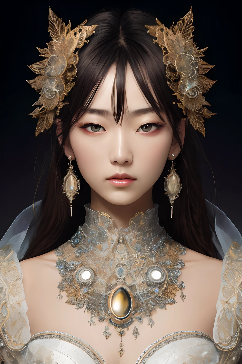 A person, 8k silver hair, messy hair, front view, upper body, portrait of a beautiful cyborg, japanese,intricate, elegant, detailed, majestic, digital photography, artgerm and artwork by Ruan Jia and Greg Rutkowski, surreal painting , Filigree, Broken Glass, (Masterpiece, Sidelight, Delicate and Beautiful Brown Eyes: 1.2), HDR, Full Frontal Display