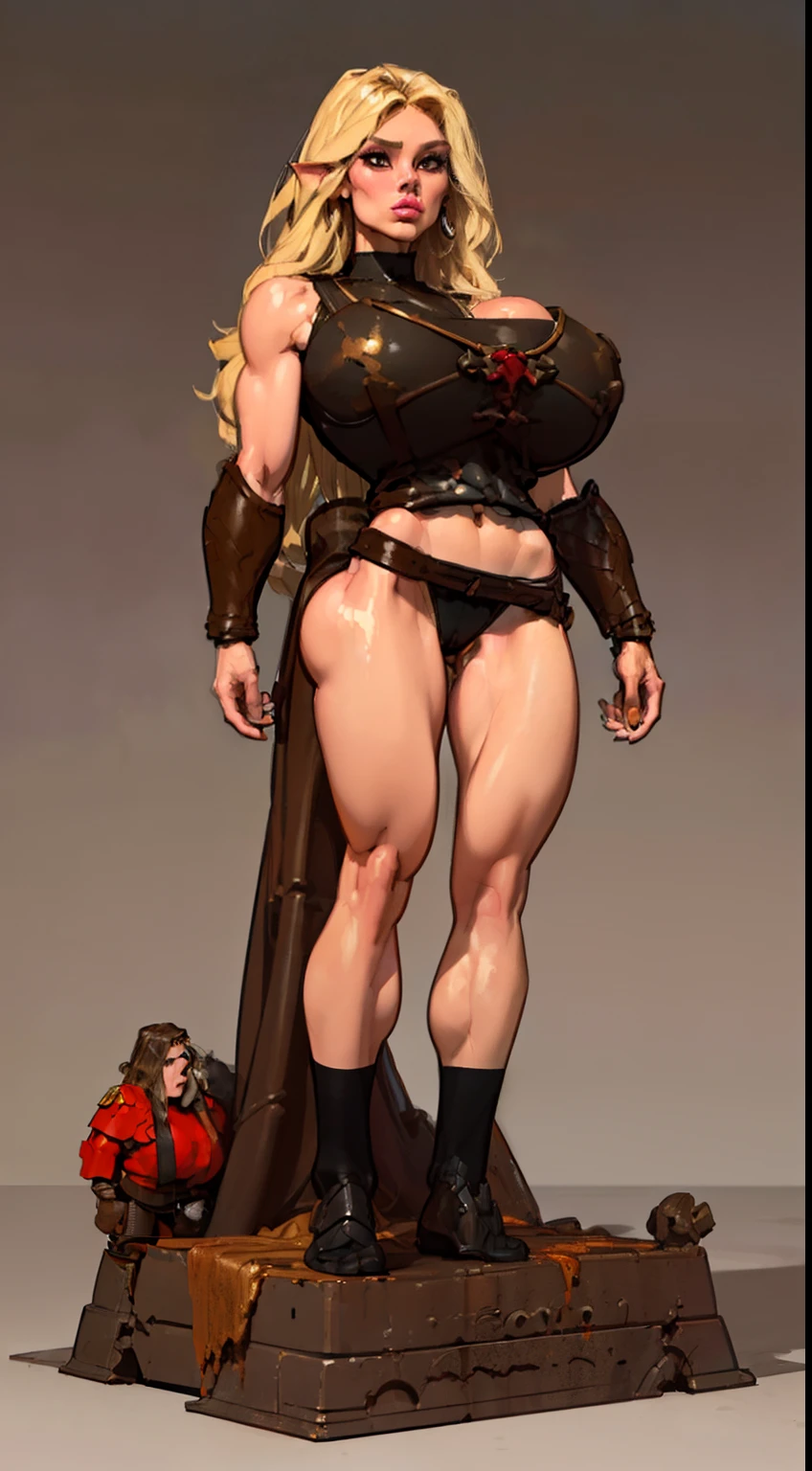 8k ((short body:1.5))((full body view))((view from below:1.5)),(large eyes:1.3), (long hair:1.4), defined cheekbones, (((female dwarf:1.5))), ((the pit style:1.4))((medieval armor:1.6)) ((rusty shoulder armor:1.4))detailed face:1.5), pale skin,(puffy lips:1.5) (pale skin:1.6) ((sexy pose)),((gigantic breasts:1.5)), )highly detailed, majestic, digital photography, art by artgerm and ruan jia and greg rutkowski, ((blonde:1.2)), (masterpiece),((wide shoulders:1.5)) sidelighting, intricate details, (((black and brown color palette))), short height, ((black legs:1.4))((black torso:1.4))((slendered abs:1.2))