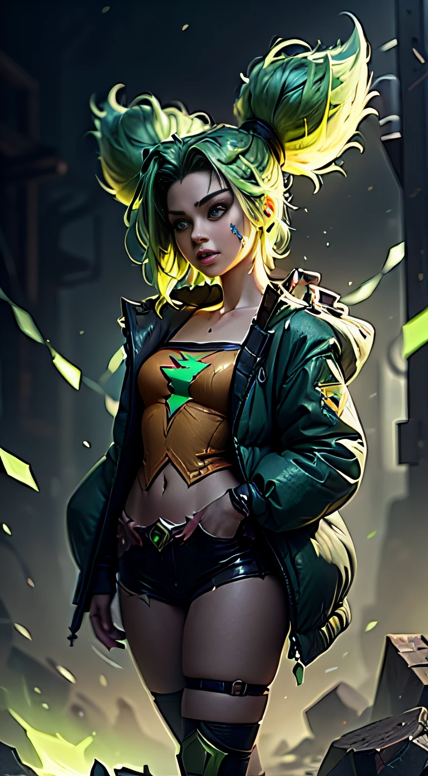 (masterpiece, ultra quality, high resolution, 8k, intricate: 1.2), (zeri, from league of legends:1.6), (wearing puffy jacket, teal color, low cut vest, down her shoulders, long sleeves:1.2), (green hair, lime green hair:1.4), (full body, anatomic:1.2), (green, sparkle surrounding her body, detailed body, detailed clothes, green thunder effect:1.2), (beautiful face, detailed face, cross form bandage on her left cheek:1.2)