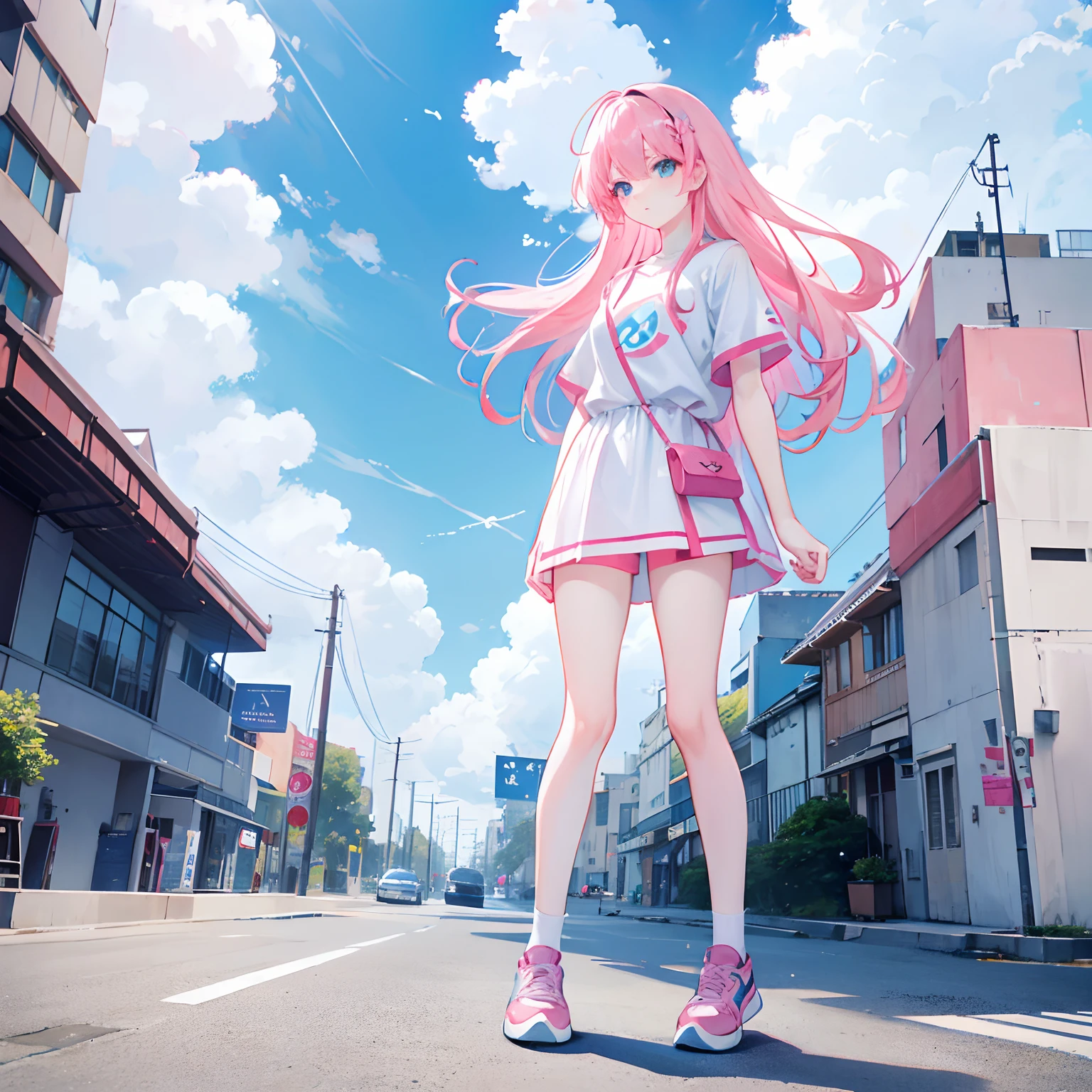 Pink hair,long whitr hair,Neat bangs,Qi bangs,skyblue eyes,,adolable,s girl,short- sleeved,shorter pants,Wear sneakers on your feet,full-body photo on the front,All body,Fingers and arms are not exposed,Background sky ,with blue sky and white clouds