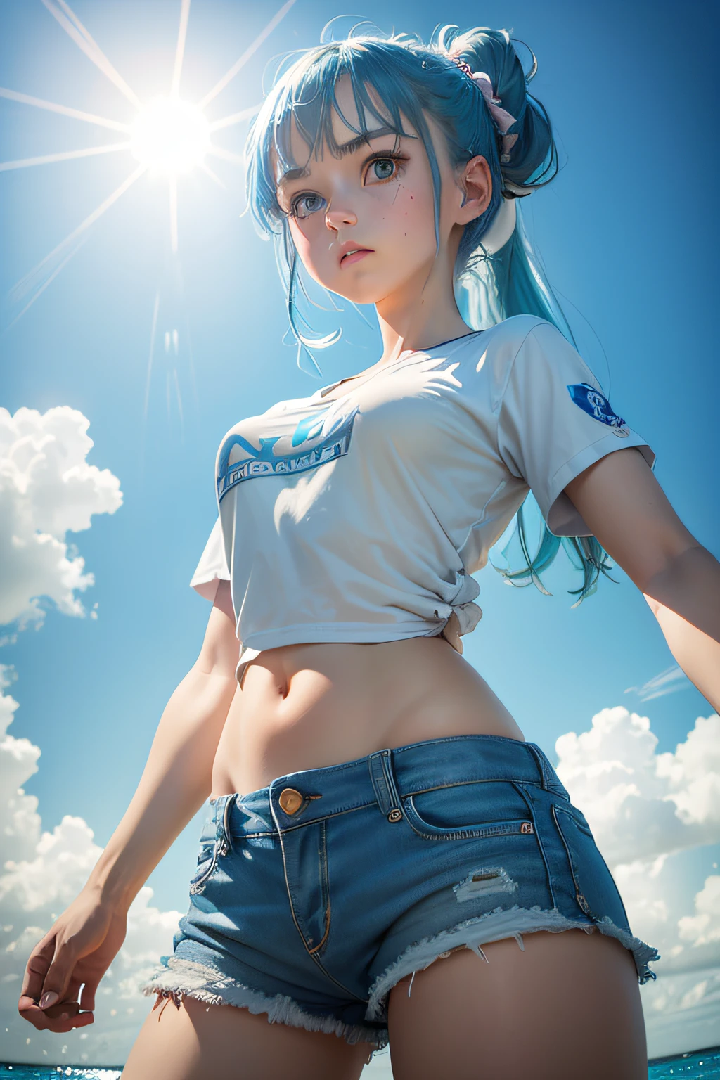 masterpiece, best quality, 1girl, solo, (li, ch blue hair, ponytail hair, [pink|blue] eyes, white theme, blue theme, white T-shirt, shorts, medium breast, navel, (sky, sunlight, ocean, from below:1.36), standing, cowboy shot, 8k, UHD, HDR,(Masterpiece:1.5), (best quality:1.5)