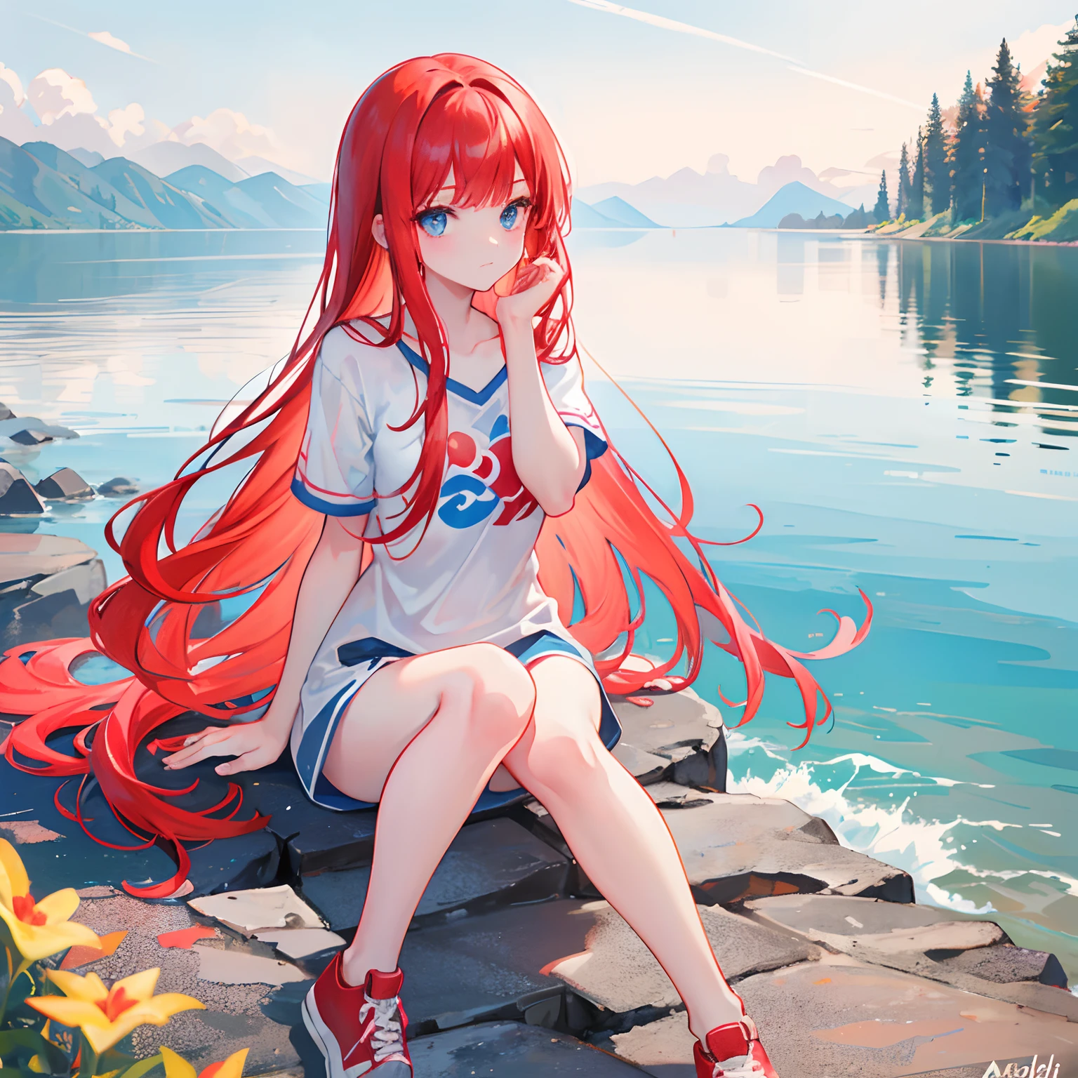 Zong's red hair，long whitr hair，Neat bangs，Qi bangs，Lake blue eyes，adolable，teens girl，short- sleeved，brown shorts，Wear sneakers on your feet，full-body photo on the front，All body，Fingers and arms are not exposed，Lakeside sky in the background，with blue sky and white clouds