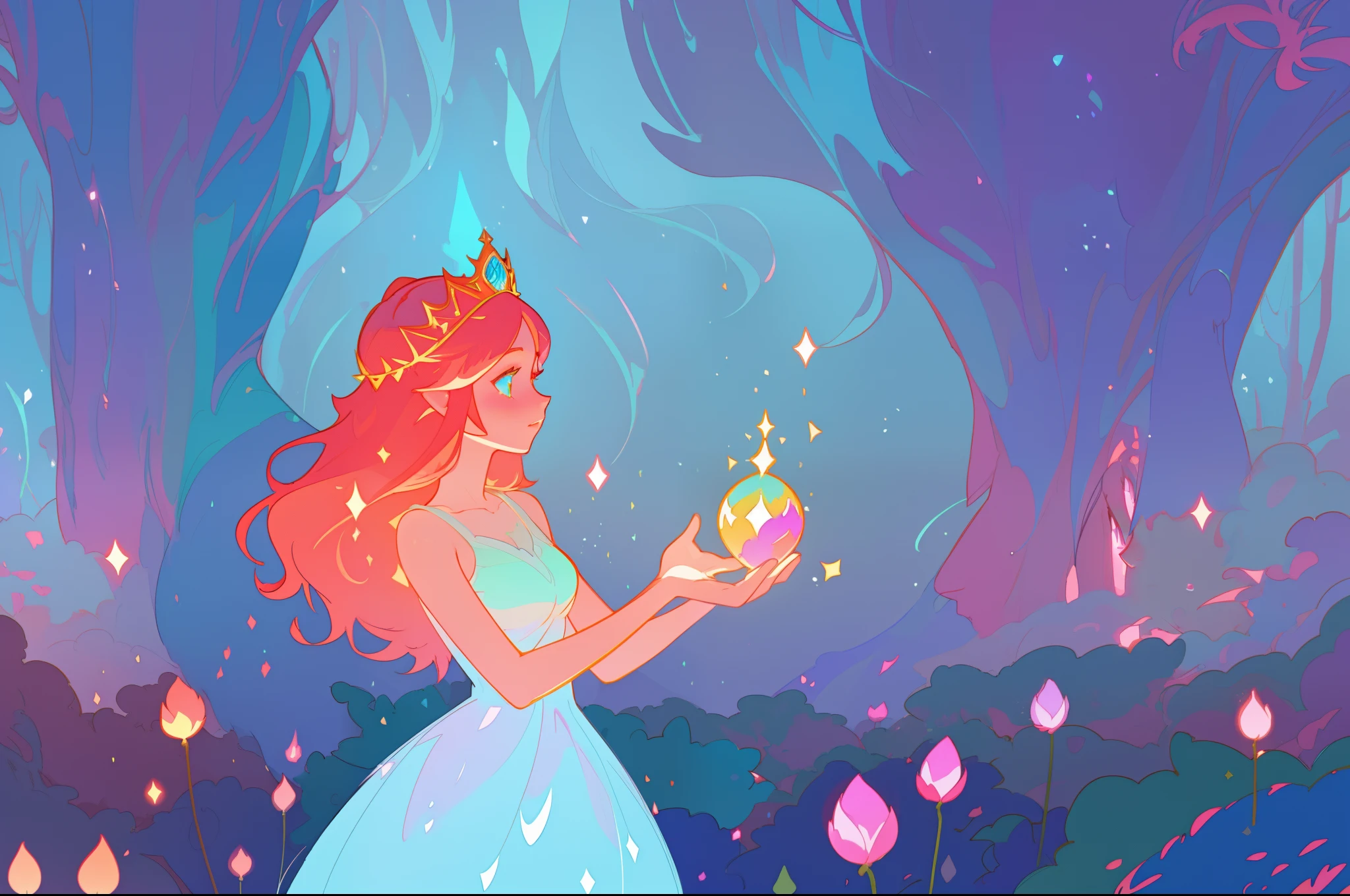 beautiful girl in the forest, beautiful anime girl in white dress, vibrant pastel colors, (colorful), magical lights, long red hair and a crown of flowers on her head, sparkling lights, fairy lights, inspired by Glen Keane, inspired by Lois van Baarle, disney art style, by Lois van Baarle, glowing aura around her, by Glen Keane, jen bartel, glowing lights! digital painting, flowing glowing hair, glowing flowing hair, beautiful digital illustration, fantasia background, whimsical, magical, fantasy, beautiful face, ((masterpiece, best quality)), intricate details, highly detailed, sharp focus, 8k resolution, sparkling detailed eyes, liquid watercolor, forest landscape background