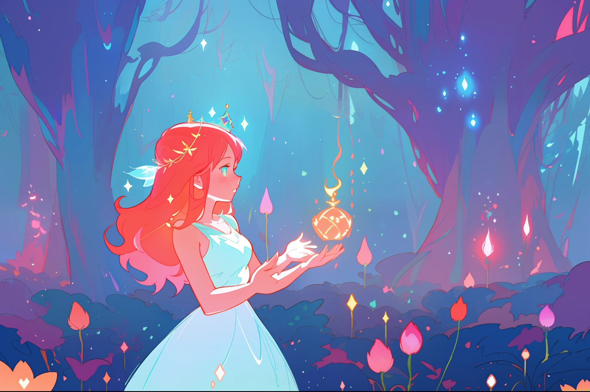 beautiful girl in the forest, beautiful anime girl in white dress, vibrant pastel colors, (colorful), magical lights, long red hair and a crown of flowers on her head, sparkling lights, fairy lights, inspired by Glen Keane, inspired by Lois van Baarle, disney art style, by Lois van Baarle, glowing aura around her, by Glen Keane, jen bartel, glowing lights! digital painting, flowing glowing hair, glowing flowing hair, beautiful digital illustration, fantasia background, whimsical, magical, fantasy, beautiful face, ((masterpiece, best quality)), intricate details, highly detailed, sharp focus, 8k resolution, sparkling detailed eyes, liquid watercolor, forest landscape background