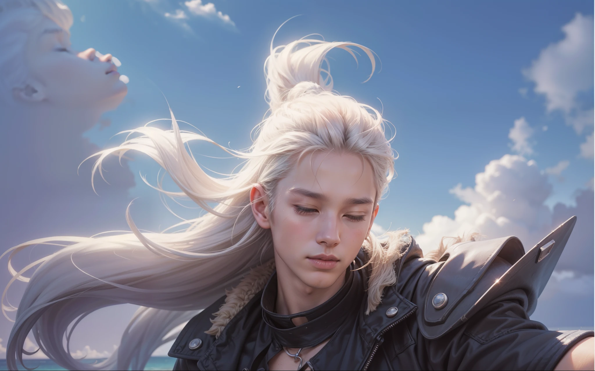 8K, Best quality, Masterpiece, hyper HD, (Realistic: 1.4), Original image, (Realistic skin texture: 1.3), (filmgrain: 1.3), (Selfie angle), 1 boy, Long hair, White hair, Eyes closed, Beautiful big eyes and face details, Masterpiece, Best quality, Close up, Toned body, perfect muscles, Exposed chest muscles, Body 6, No hair, No shirt, (Black briefs), Summer, ocean water, Blue sky, White clouds, Sunlight