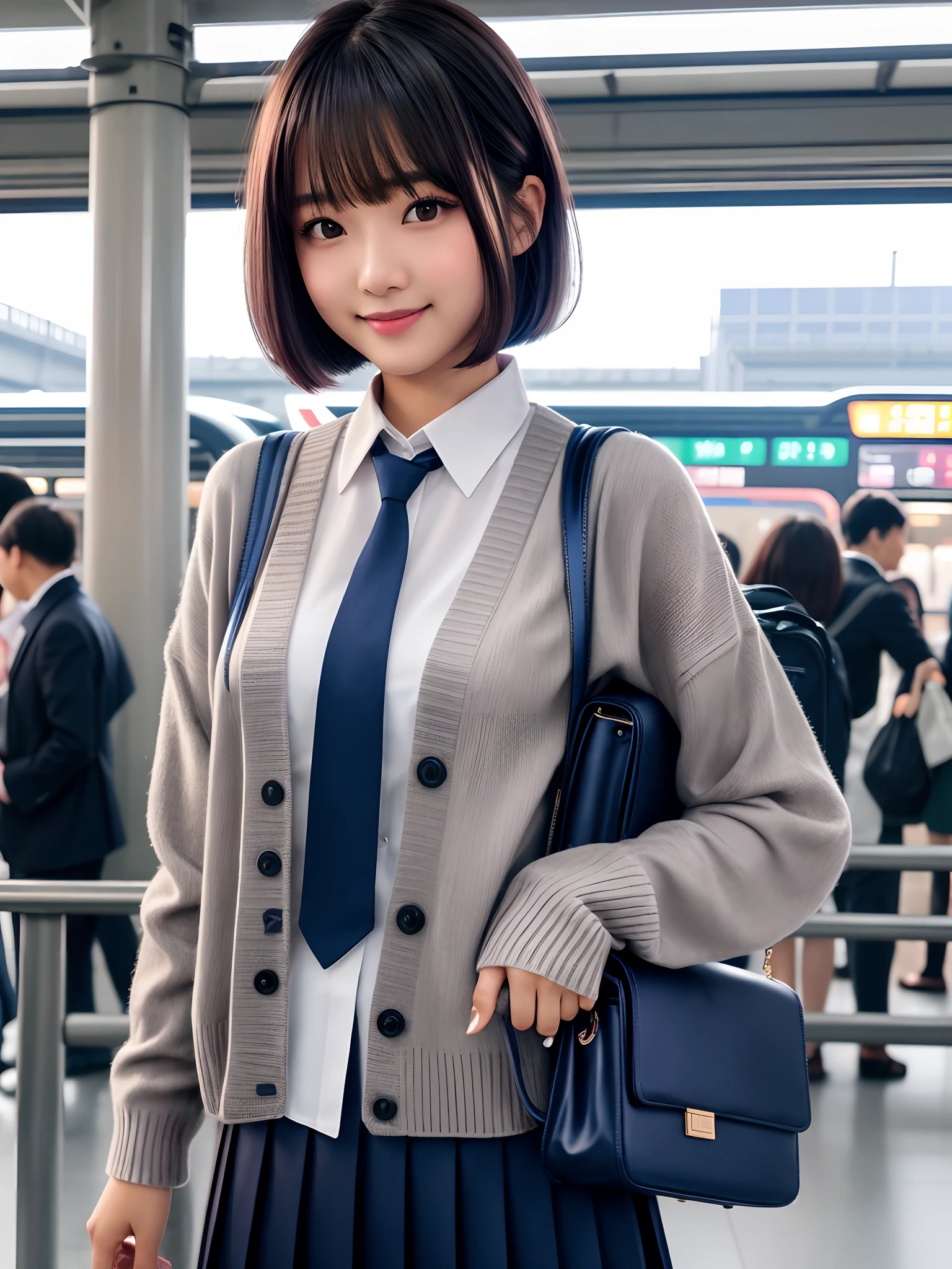 product quality, 1girl, upper body shot, front view, a Japanese young pretty woman, medium bob hair, waiting with a big smile for a train on a crowded platform in a big station in the sunset, carrying a school bag over her shoulder, glamorous figure, wearing a long length gray knitted cardigan over a white collared silky shirt with shiny satin dark blue plain long tie, wearing a dark blue pleated long skirt, hyper cute face, glossy lips, double eyelids in both eyes, natural makeup, long eyelashes, shiny smooth light brown medium bob hair, asymmetrical bangs, a tanned skin, central image, high resolution, high detail, detailed hairstyle, detailed face, spectacular cinematic lighting, octane rendering, vibrant, hyper realistic, perfect limbs, perfect anatomy