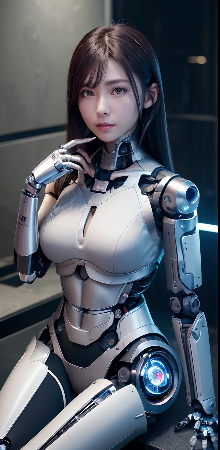 female robot, skin part is only face, silver metal skin, full metal robot body, mechanical parts, electronic wire, cum in pussy, high quality, medium breasts, long hair, tall, thigh gap, full body metal skin, wet, cum in pussy, metallic tits, separated breast, under repair, robot ears