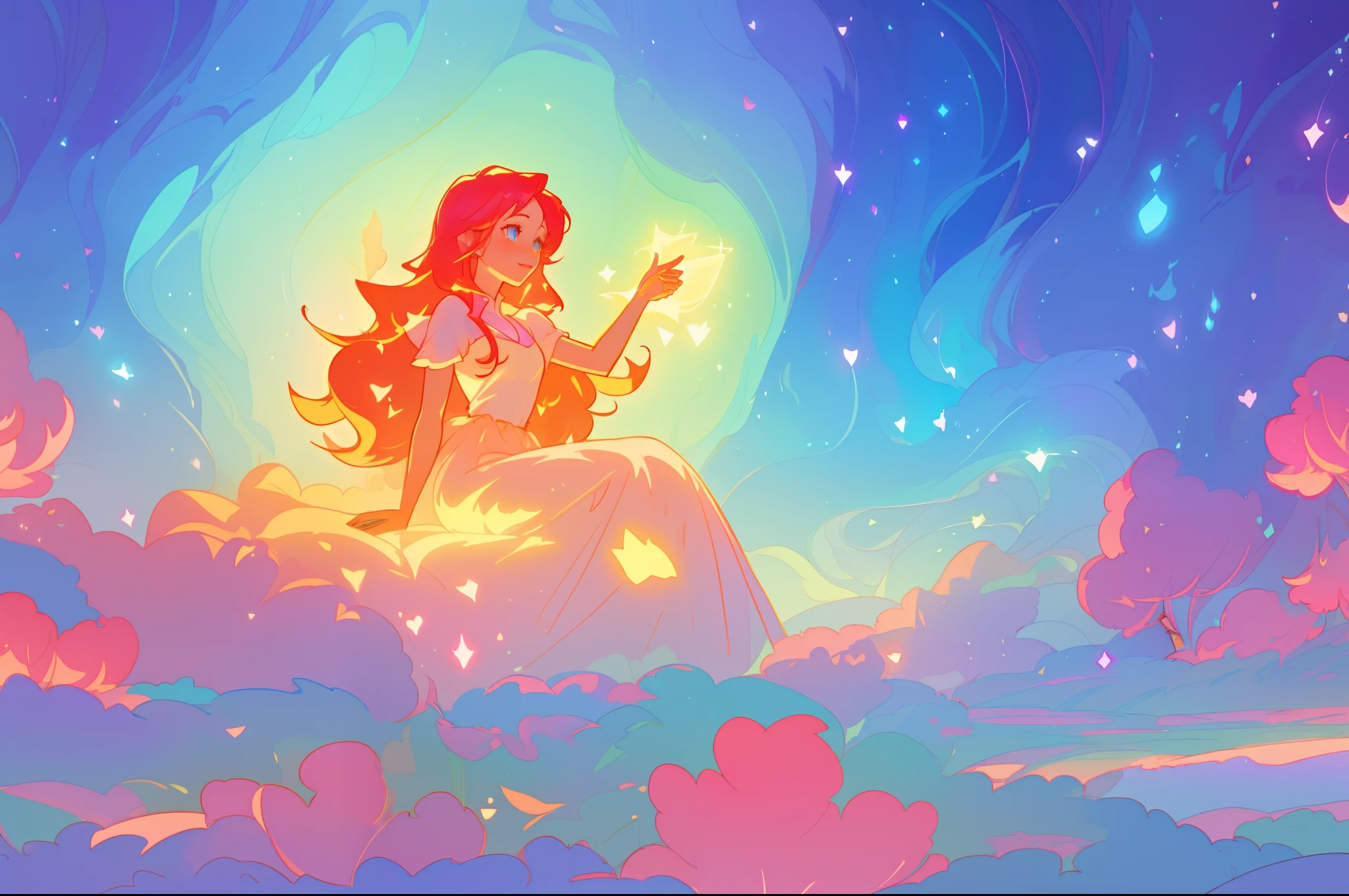 glowing aura around her, beautiful girl sitting on clouds in the forest, beautiful anime girl in flowing dress, vibrant pastel colors, (colorful), magical lights, long red hair, sparkling lights, fairy lights, inspired by Glen Keane, inspired by Lois van Baarle, disney art style, by Lois van Baarle, glowing aura around her, by Glen Keane, jen bartel, glowing lights! digital painting, flowing glowing hair, glowing flowing hair, beautiful digital illustration, fantasia background, whimsical, magical, fantasy, beautiful face, ((masterpiece, best quality)), intricate details, highly detailed, sharp focus, 8k resolution, sparkling detailed eyes, liquid watercolor, forest landscape background