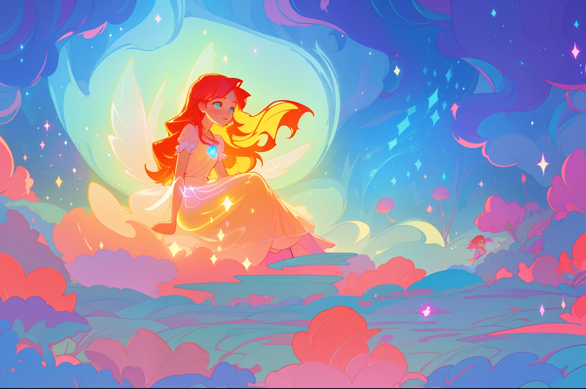 glowing aura around her, beautiful girl sitting on clouds in the forest, beautiful anime girl in flowing dress, vibrant pastel colors, (colorful), magical lights, long red hair, sparkling lights, fairy lights, inspired by Glen Keane, inspired by Lois van Baarle, disney art style, by Lois van Baarle, glowing aura around her, by Glen Keane, jen bartel, glowing lights! digital painting, flowing glowing hair, glowing flowing hair, beautiful digital illustration, fantasia background, whimsical, magical, fantasy, beautiful face, ((masterpiece, best quality)), intricate details, highly detailed, sharp focus, 8k resolution, sparkling detailed eyes, liquid watercolor, forest landscape background