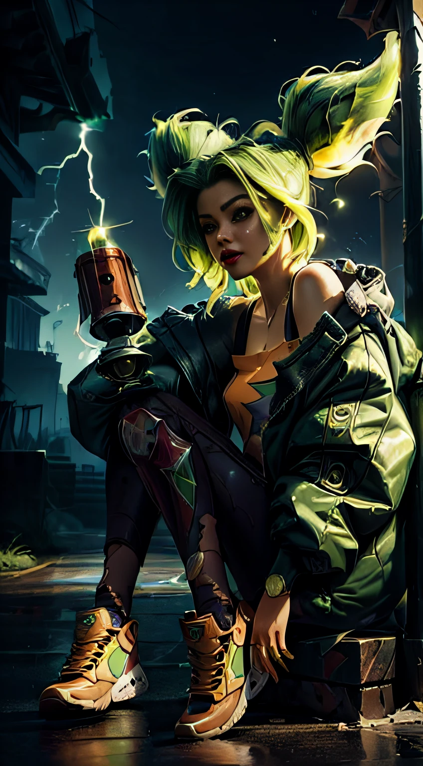 (masterpiece, ultra quality, high resolution, 8k, intricate: 1.2), (zeri, from league of legends:1.6), (wearing dark blue colored puffy jacket down her shoulders, low cut jacket, long sleeves jacket:1.2), (green hair, lime green hair:1.4), (full body picture, anatomic:1.3), (green, sparkle surrounding her body, detailed body, detailed clothes, green sparkles effect around her arms, orange t-shirt, green lightning logo printed in the middle of her t-shirt, wearning rollers:1.2), (beautiful face, detailed face, cross form bandage on her left cheek, lime green eyes:1.2)