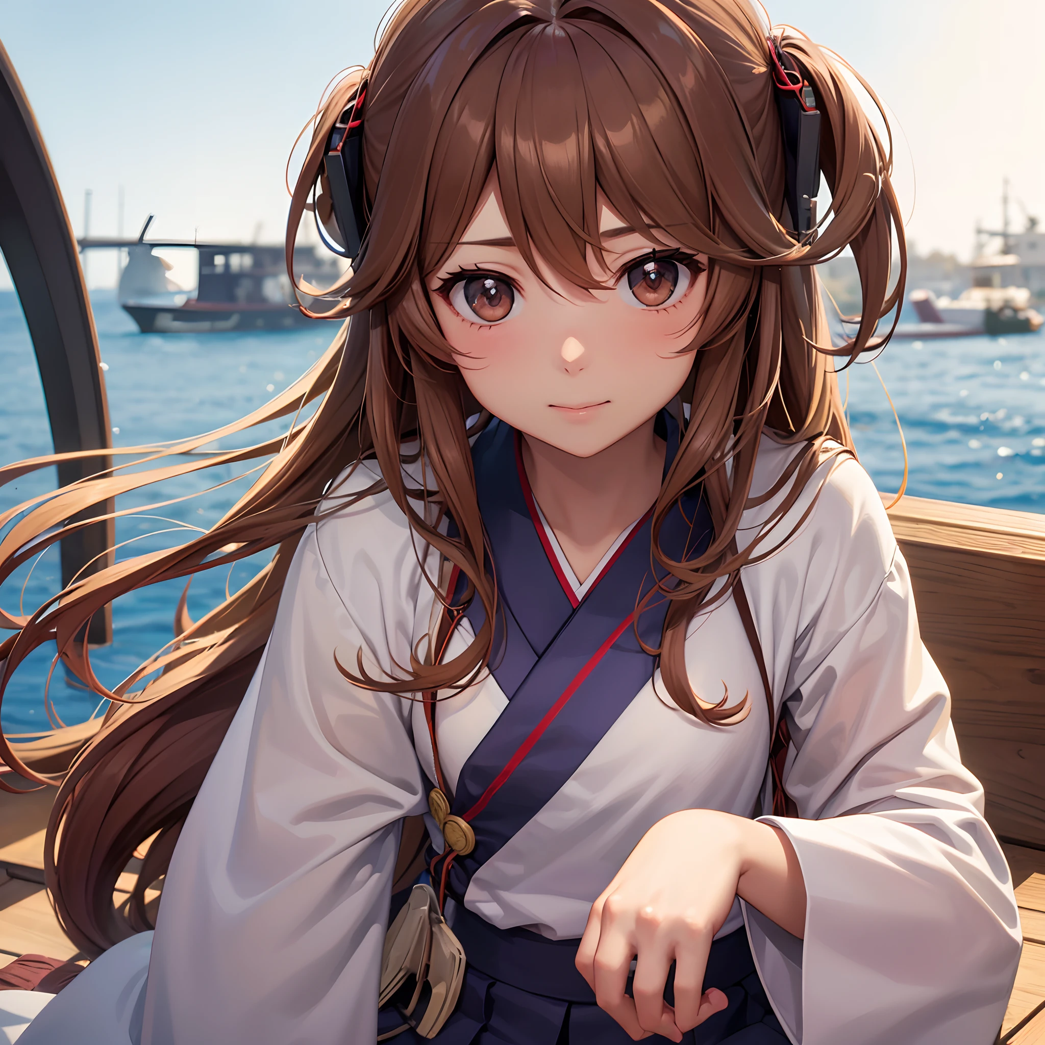 1girl, Ryuujou (Kancolle), sozinho, brown hair, Caudas duplas, olhos castanhos, Visualizador principal, Magatama, boca aberta, aeronave, sorrir, plane, fundo branco, Roupas japonesas, fundo simples, Kariginu, parte superior do corpo, Long hair, better quality and better effects, better shadows, better lighting, 8k ultra HD, super realistic