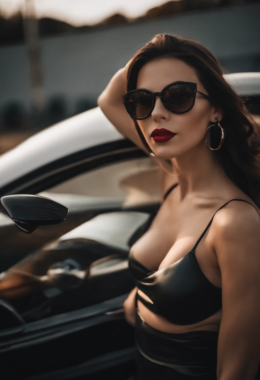 Nude girl taking selfie in front of the sport car, hanging breast, expose armpit, sun glasses on head, make up, latex, big boobs, cute amile, 4k, realisitic, full body, black high heels, eye liner, red lipstick, belly accessories, fancy accessories. Black stocking.