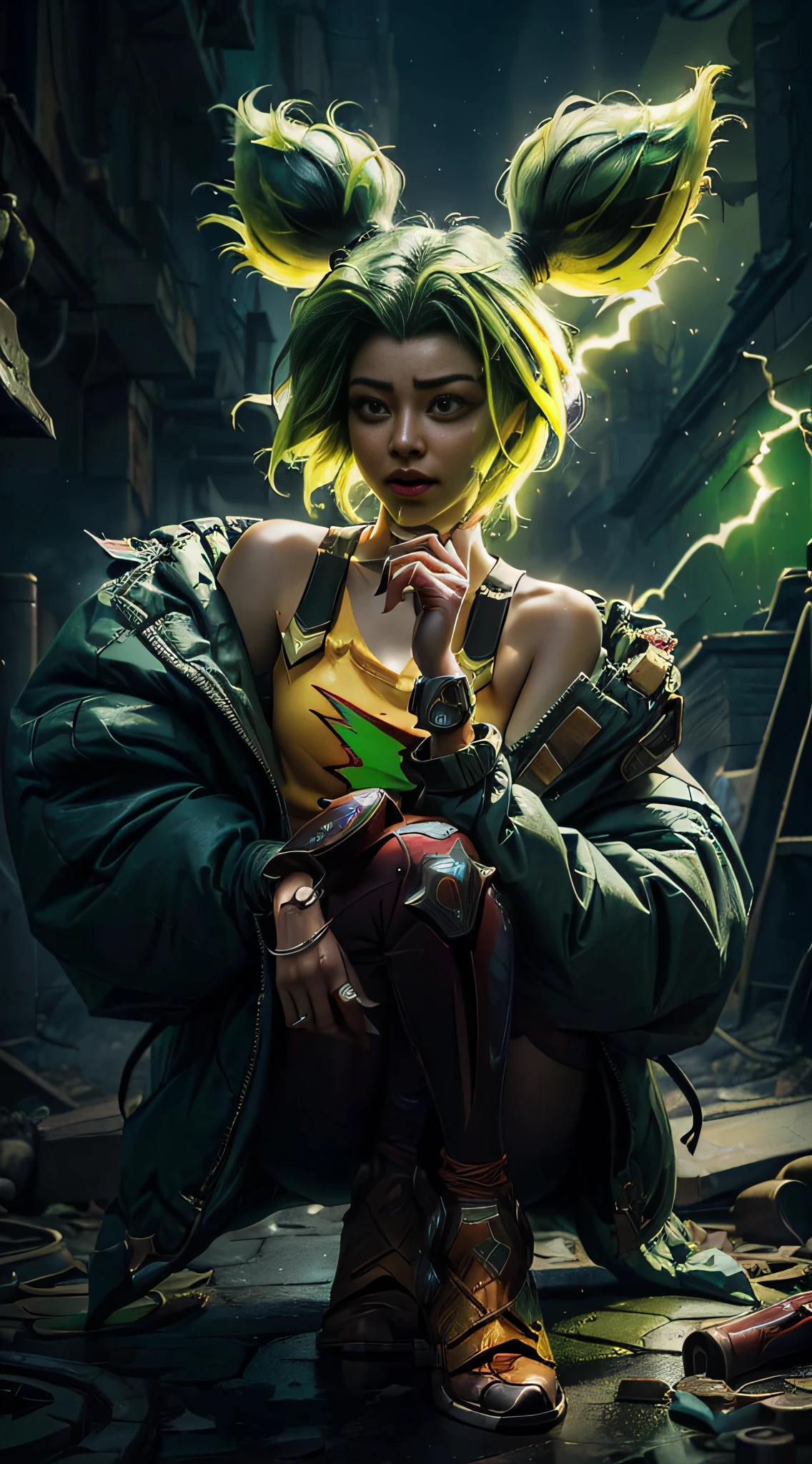 (masterpiece, ultra quality, high resolution, 8k, intricate: 1.2), (zeri, from league of legends:1.6), (wearing dark blue colored puffy jacket down her shoulders, low cut jacket, long sleeves jacket:1.2), (green hair, lime green hair:1.4), (full body picture, anatomic:1.3), (green, detailed body, detailed clothes, green sparkles effect around her arms, orange t-shirt, green lightning logo printed in the middle of her t-shirt, wearning rollers:1.2), (beautiful face, detailed face, cross form bandage on her left cheek, lime green eyes:1.2)