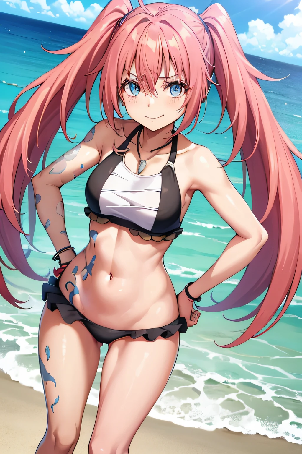 ((female)), (very messy hair), (sorriso feliz), Presas, ((abdominais rasgados)), Toned arms and legs, peitos pequenos, Suor excessiva, (Summer beach scenery), olhos bem azuis, barefoot, standing with his hands on his waist