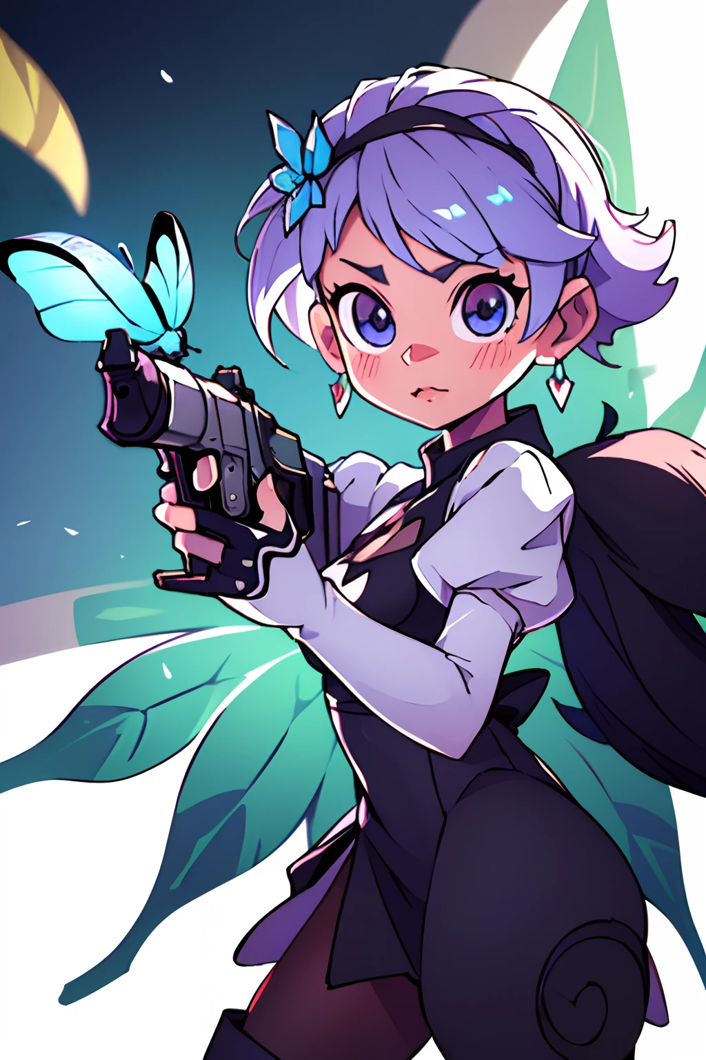Octane Render、(Hyper-detailing: 1.15)、cinematic lightening、Taken from the side、Cute Fantasy Princess、Handgun shooting practice、Fine Pattern Pistol,long boots、ultradetailed eyes、Full Paint、(Floral hair ornament、butterfly hair ornament)、masutepiece、Anatomically correct、blur、depth of fields