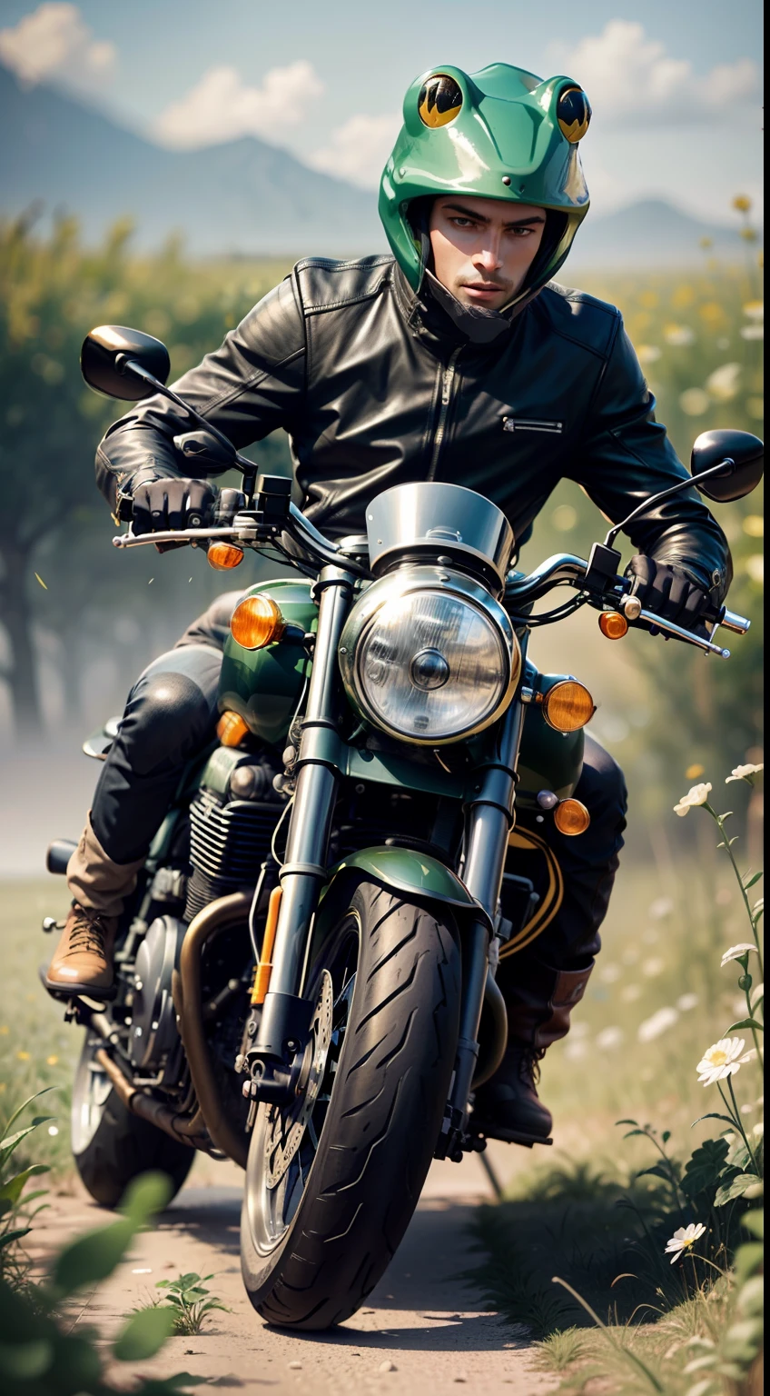 Photorealistic, 8k, cmyk+, stylish frog prince with his cafe racer, in a field of weeds, effect shows speed, speedy motorcycle,