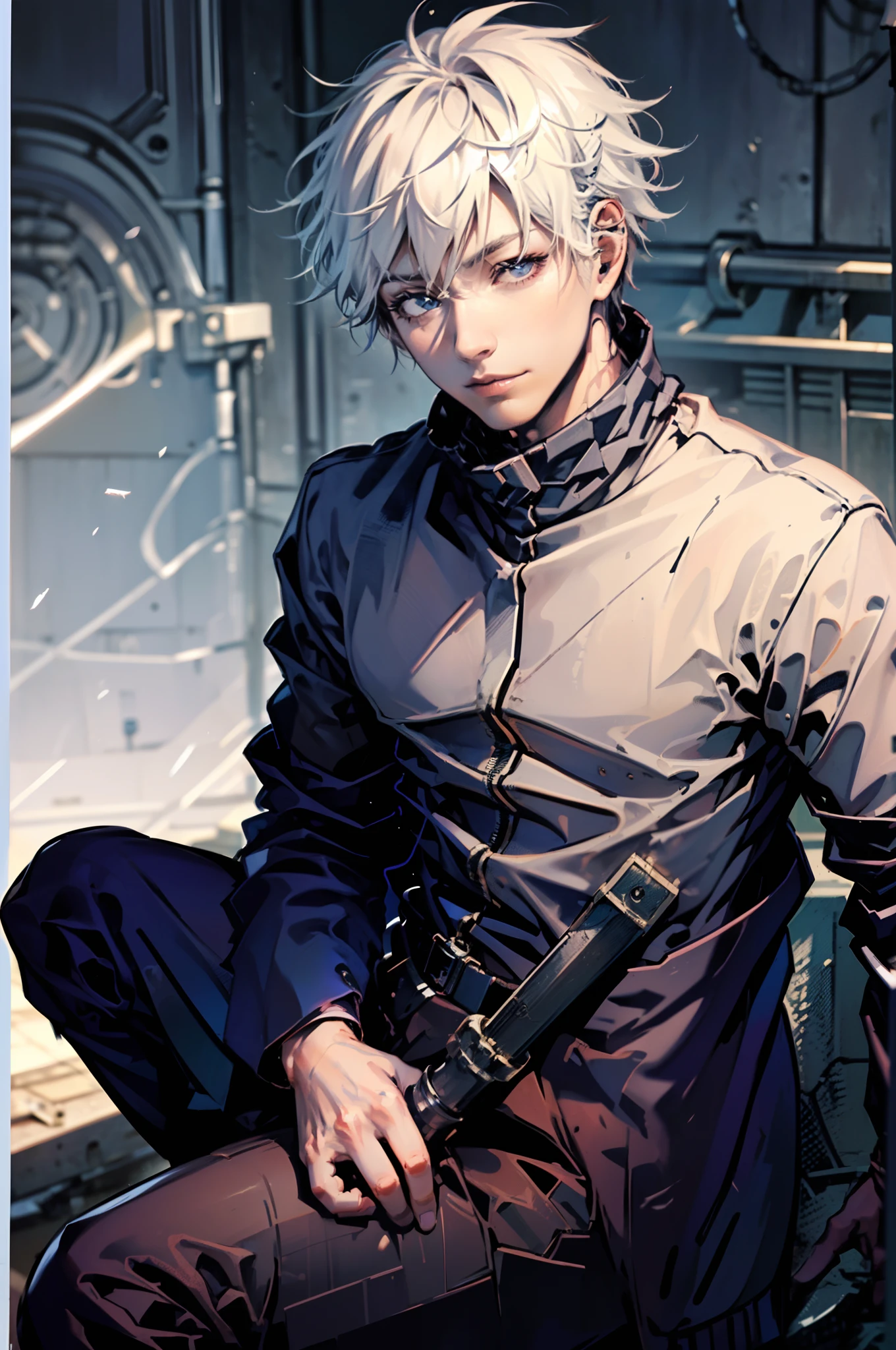 (absurdos, Altas Resoluciones, Ultra detallado, HDR), Obra maestra, nsfw, La mejor calidad, jujutsu kaisen, gojo satoru, 1hombre solamente en combate, guapo, pelo corto, cabello blanco, Ojos azules vibrantes, ojos finos y cara detalladas, (((Fuego, llamas, a su espalda)) Armadura, ((Arma intrincada)). Final Fantasy, abs, badass pose, Chico de anime con las manos agarrando su espada, pose de anime combatiendo, Anime hombre guapo, Personaje masculino de anime, Badass Anime 8K, Arte detallado del personaje de anime, Concepto de anime HDR Anime MacManus, Chico anime, Ikuto Yamashita, Anime CG arte suave, Fondo de pantalla de manga 4 k, inspirado por Yamagata Hiro, Wallaper de anime