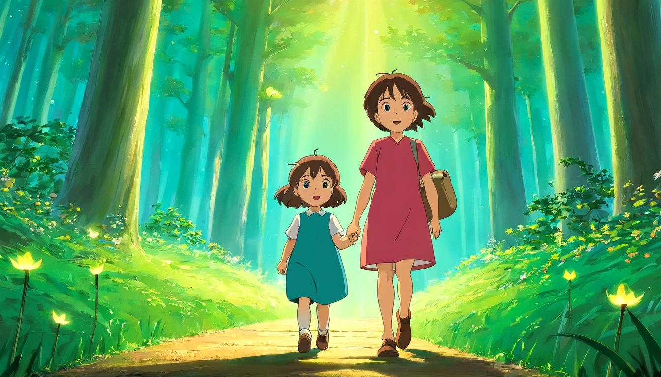 A little boy and a little girl,Step into the forest,They were surrounded by huge trees,Moonlight shines on the ground through the leaves,Elf fireflies,Twinkle with light。a fairy world,anime big breast,miyazaki's animated film,Studio Ghibli animated films,ghibli artstyle