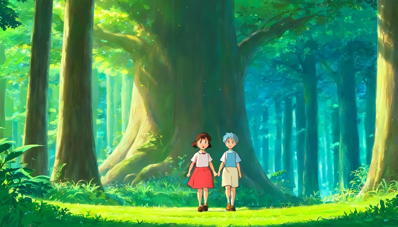 A  and a little gir into the forest，They were surrounded by huge trees，Moonlight shines on the ground through the leaves，Elf fireflies，Twinkle with light。a fairy world，anime big breast，miyazaki's animated film，Studio Ghibli animated films，ghibli artstyle