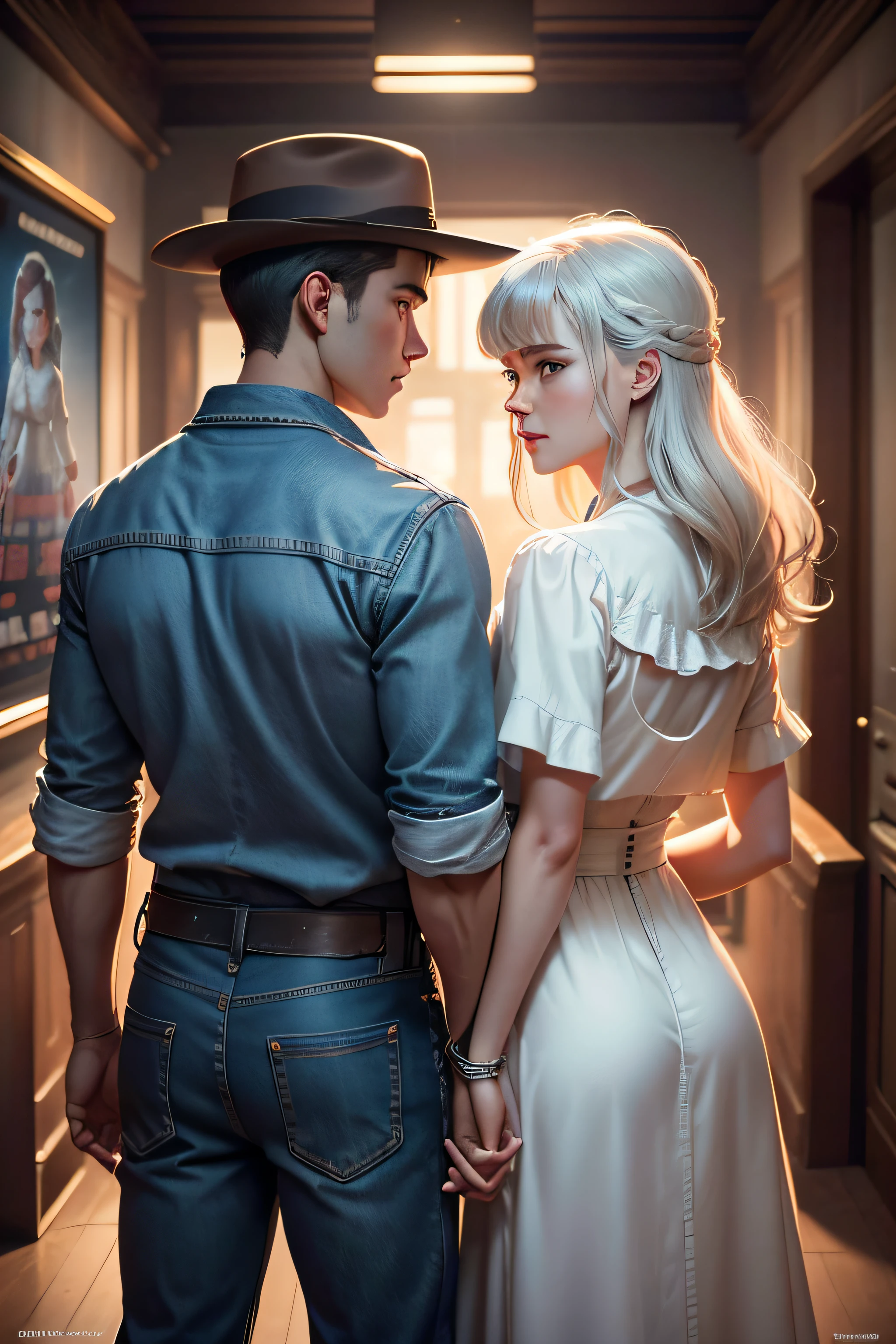 Close-up of poster of two people shaking hands, official fanart, Boy in western denim costume leads girl in white dress，The boy looked at the girl，The girl looked back， Official poster, film promotional image, key art, fantasy movie still, affable ， Dusk Double Dart Movie Propaganda Art, 4k post, 4 k post
