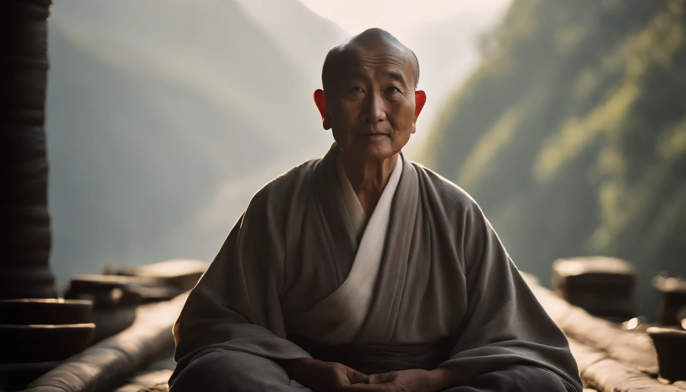 Depict Buddha's unwavering determination and efforts, showcasing his resilience in the face of challenges during his spiritual journey,Inspiring photos of the environment, A man of about 90 years old, Gray bathrobe, largeeyes, Smile and meditate, Face the camera, frontal photos, At the bottom is the flow of alpine water, Chinese wind, the detail, Cinematic light, High quality - air,Vulture Zen Master,, super sharp focus, photograph realistic, Medieval menswear, Tetrahedral color (Scar:1,4)