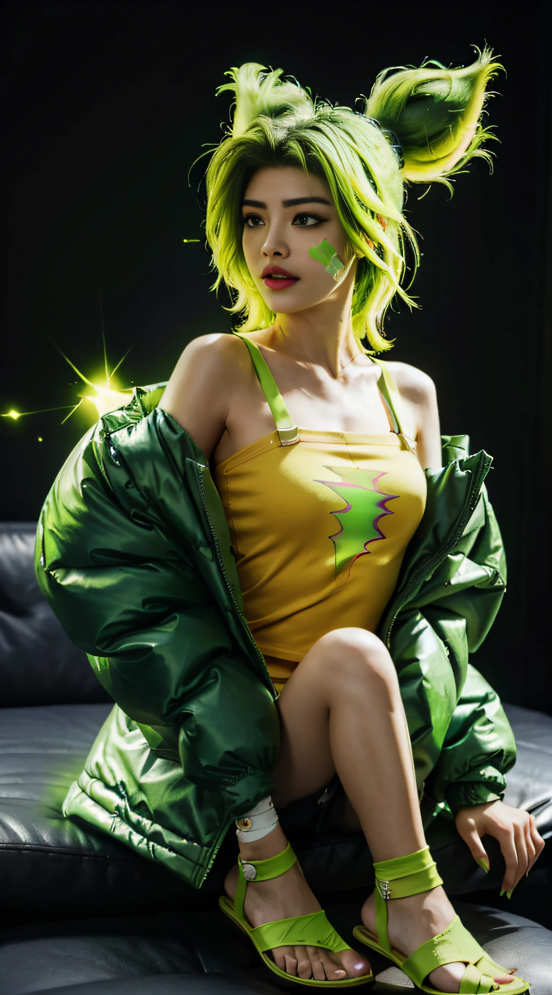 (masterpiece, ultra quality, high resolution, 8k, intricate: 1.2), (zeri, from league of legends:1.6), (wearing dark blue colored puffy jacket down her shoulders, low cut jacket, long sleeves jacket:1.2), (green hair, lime green hair, green sparkles:1.4), (full body picture, anatomic:1.3), (detailed body, detailed clothes:1.2), (cross-form bandage on her left cheek:1.6),(lime green eyes:1.3)