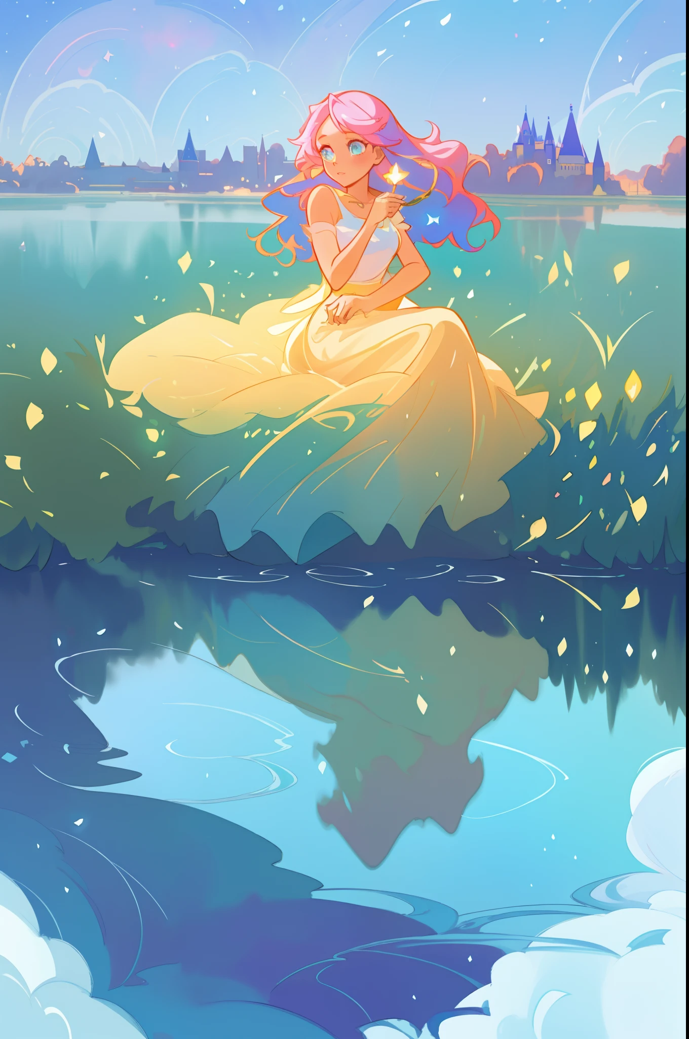 beautiful anime girl sitting by water looking at her reflection, riverbank, beautiful girl in flowing dress, girl looking at her water reflection, nature scene, vibrant pastel colors, (colorful), magical lights, flowing long hair, inspired by Glen Keane, inspired by Lois van Baarle, disney art style, by Lois van Baarle, glowing aura around her, by Glen Keane, jen bartel, glowing lights! digital painting, flowing glowing hair, glowing flowing hair, beautiful digital illustration, whimsical, magical, fantasy, beautiful face, ((masterpiece, best quality)), intricate details, highly detailed, sharp focus, 8k resolution, sparkling detailed eyes, watercolor