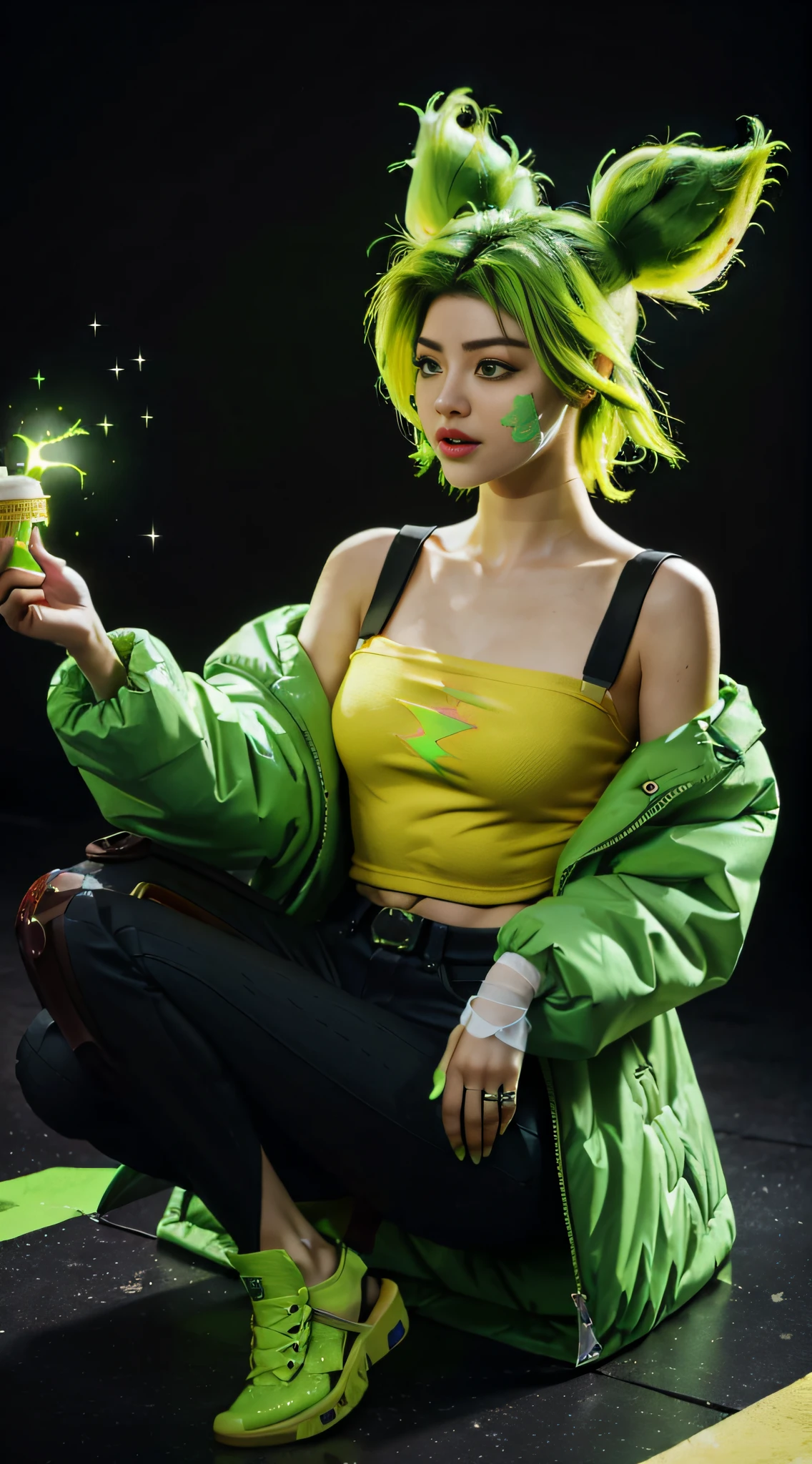 (masterpiece, ultra quality, high resolution, 8k, intricate: 1.2), (zeri, from league of legends:1.6), (wearing dark blue colored puffy jacket down her shoulders, low cut jacket, long sleeves jacket:1.2), (green hair, lime green hair, green sparkles:1.4), (full body picture, anatomic:1.3), (detailed body, detailed clothes:1.2), (cross-form bandage on her left cheek:1.6),(lime green eyes:1.3)