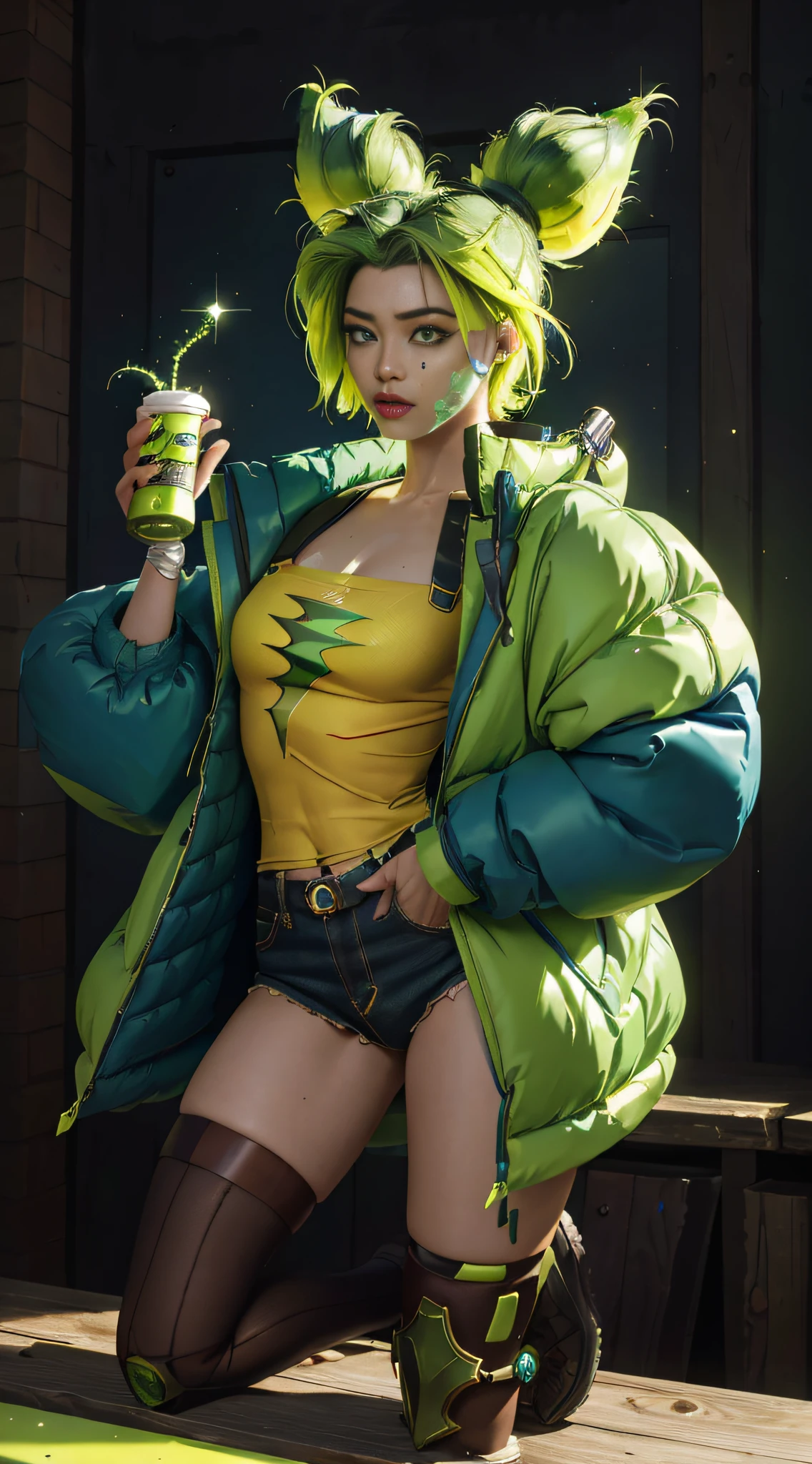 (masterpiece, ultra quality, high resolution, 8k, intricate: 1.2), (zeri, from league of legends:1.6), (wearing dark blue colored puffy jacket down her shoulders, low cut jacket, long sleeves jacket:1.2), (green hair, lime green hair, green sparkles:1.4), (full body picture, anatomic:1.3), (detailed body, detailed clothes:1.2), (cross-form bandage on her left cheek:1.6),(lime green eyes:1.3)