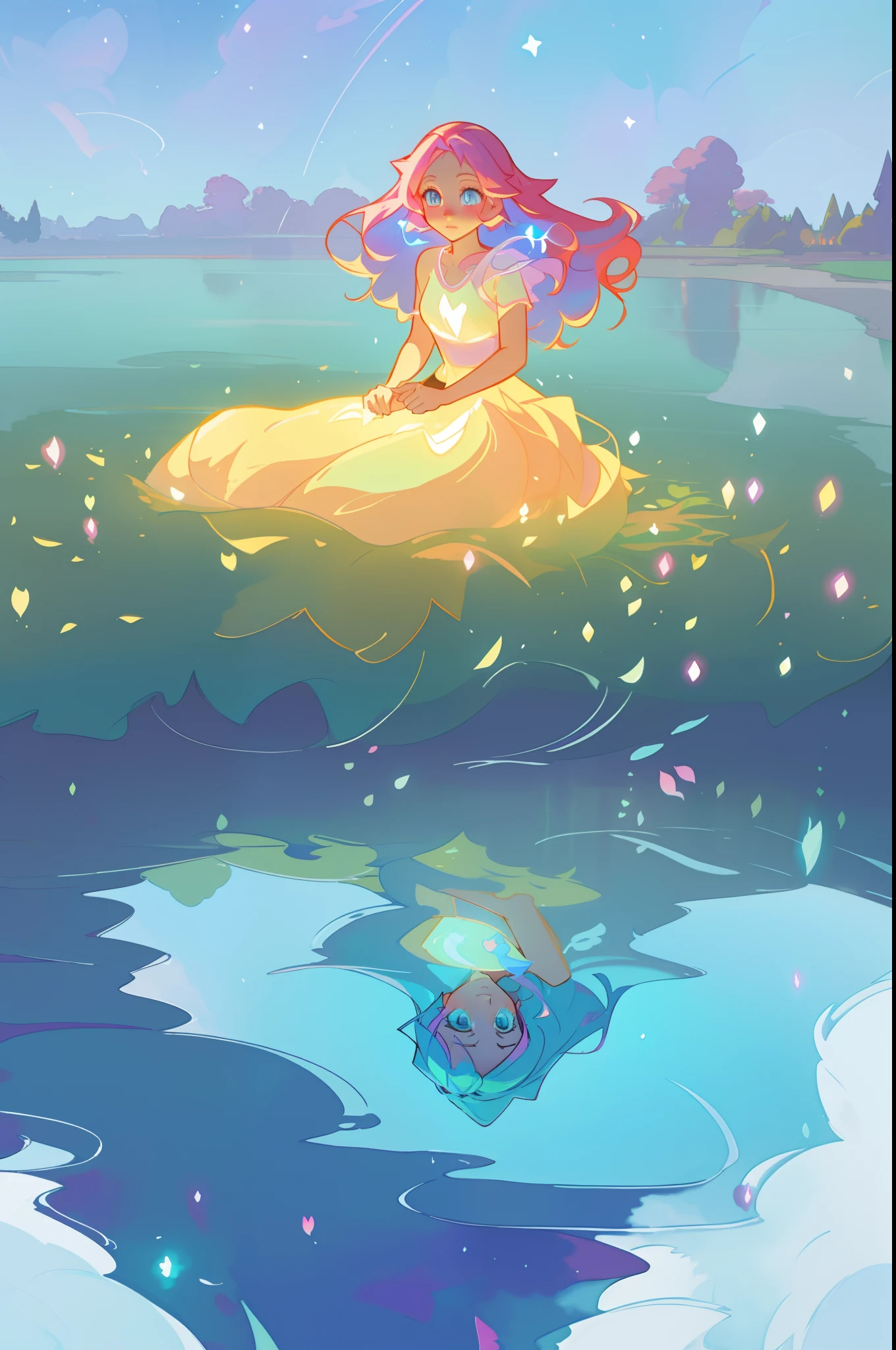 beautiful anime girl sitting by water looking at her reflection, riverbank, beautiful girl in flowing dress, girl looking at her water reflection, nature scene, vibrant pastel colors, (colorful), magical lights, flowing long hair, inspired by Glen Keane, inspired by Lois van Baarle, disney art style, by Lois van Baarle, glowing aura around her, by Glen Keane, jen bartel, glowing lights! digital painting, flowing glowing hair, glowing flowing hair, beautiful digital illustration, whimsical, magical, fantasy, beautiful face, ((masterpiece, best quality)), intricate details, highly detailed, sharp focus, 8k resolution, sparkling detailed eyes, watercolor