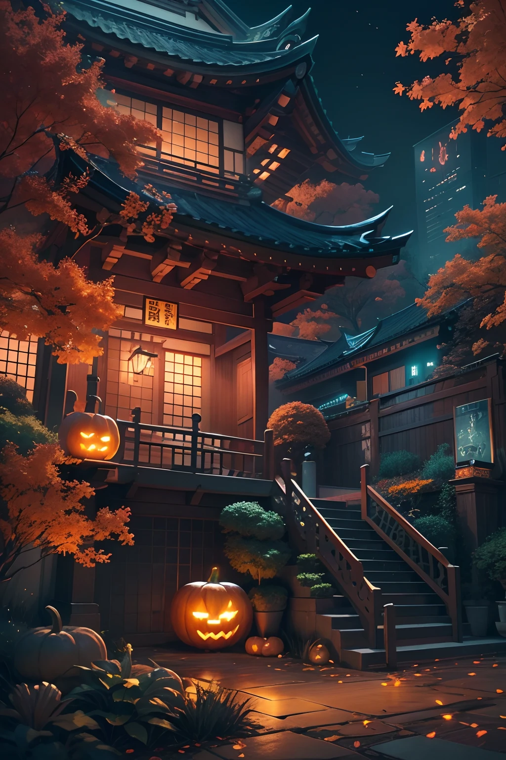 futuristic scene, Japanese-style architecture、Elegance in a sophisticated garden.. Halloween decorations in and around the Night City. The scene is a fusion of illustration and photorealism, Ultra-delicate brushstrokes and clarity, Vivid colors. Light art of the highest quality, 4K or 8K resolution, nightcity、The complex atmosphere of Halloween