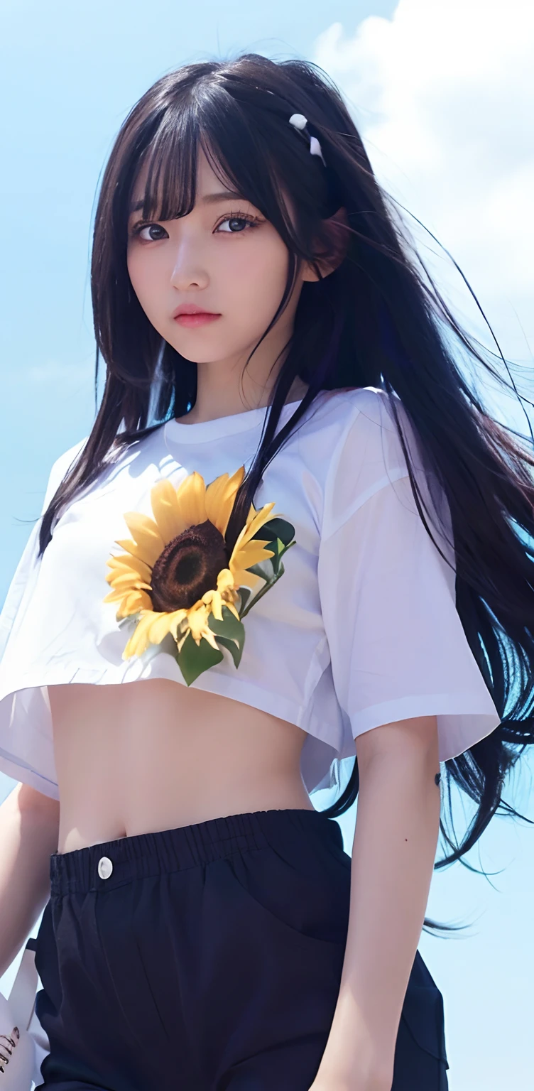 1 girl, Himawari, long black hair, blue eyes, white sunflower shirt, black short, realistic, ultra detaile, 70mm lens