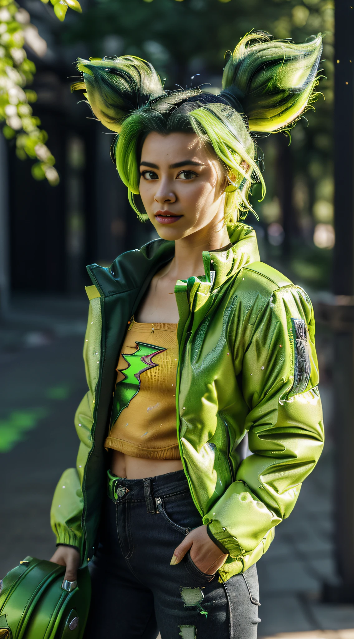 (masterpiece, ultra quality, high resolution, 8k, intricate: 1.2), (zeri, from league of legends:1.6), (wearing dark blue colored puffy jacket down her shoulders, low cut jacket, long sleeves jacket:1.2), (green hair, lime green hair, green sparkles:1.4), (full body picture, anatomic:1.3), (detailed body, detailed clothes:1.2), (lime green eyes:1.3)