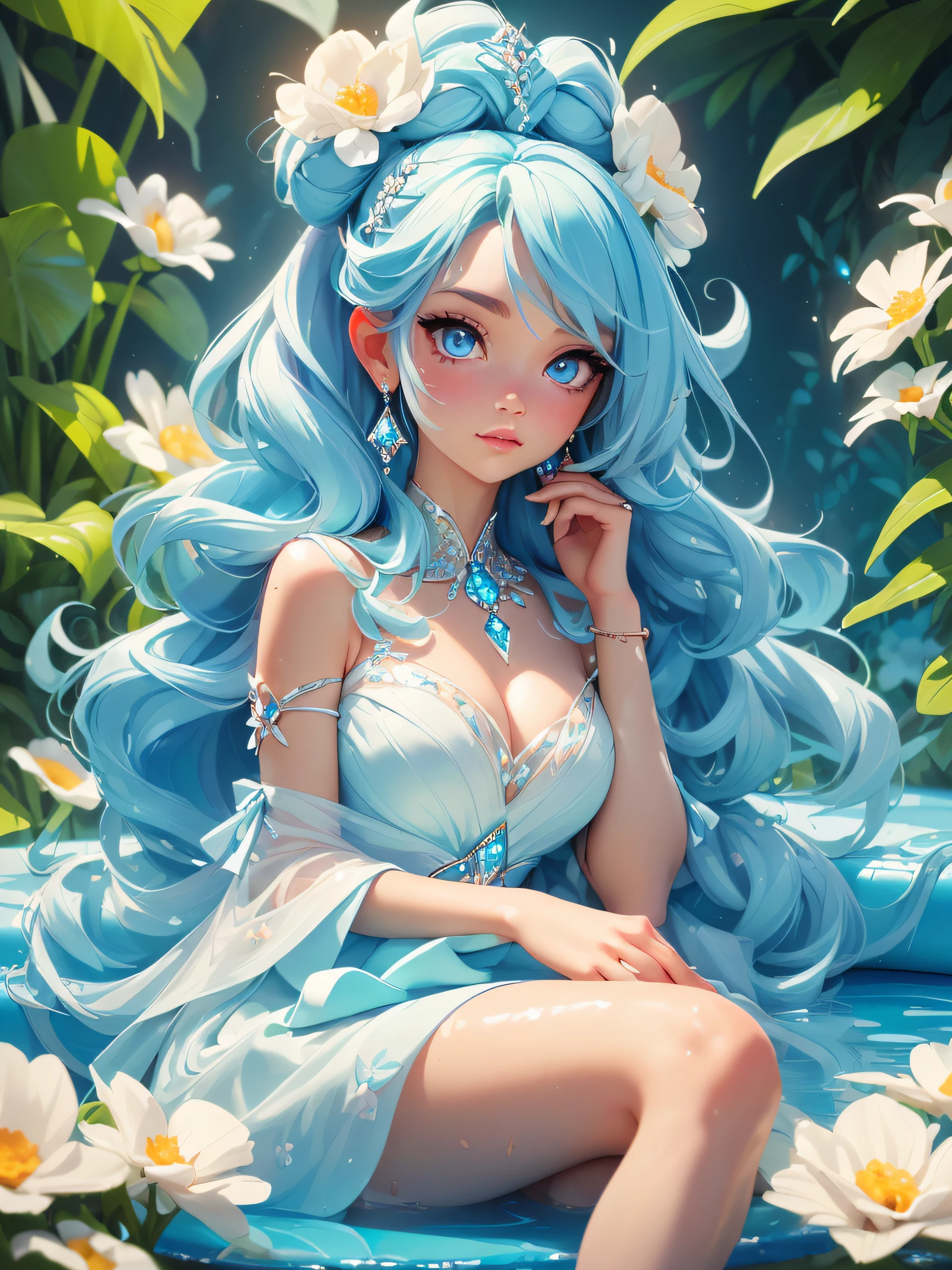 (((a close body portrait of cute beautiful goddess sitting at a side pool overseeing with beautiful flowers behind her))), ((dressed in a long linen blue dress with decorations of white flower pins to her hair.)) ((she has blue crystal eyes and long light blue hair sliding straight down her back)), (capture her attractive eyes and her dress)), (((she also wearing diamond crystal earrings))), best lighting effects, high quality, best quality, sharp focus, hyperdetailed, 8K, vibrant colors