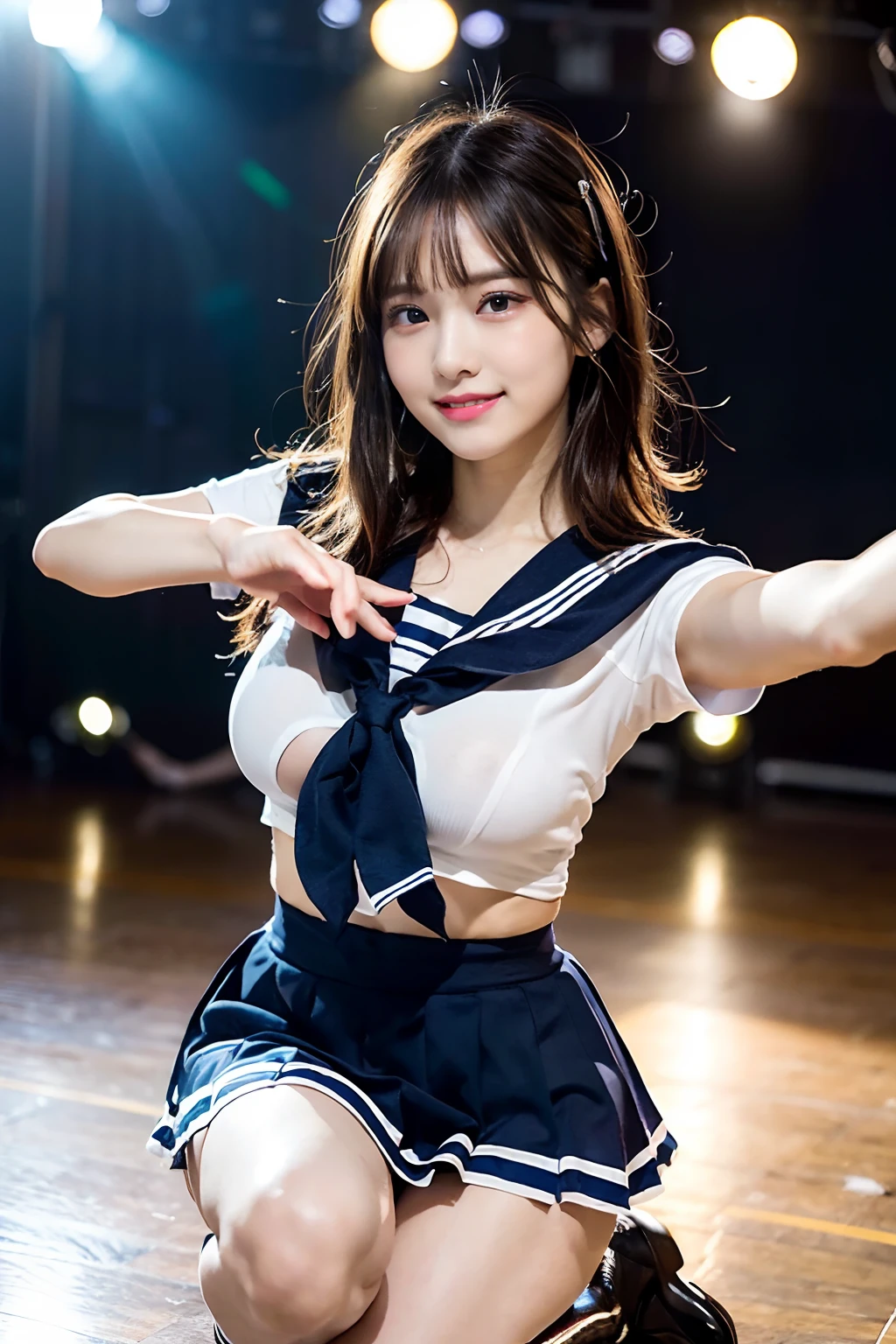 Idol,with round face,A smile that makes the viewer happy,Classroom wall and window on background,(((Intense dance motion:1.3))),(Big rhythmic dance with outstretched hands:1.3),(((Dance that emphasizes breasts:1.3))),(Stand up and raise one knee:1.3),Add a motion blur effect to simulate motion,(Dynamic and sexy dance poses),(bending forward:1.3),(((Schoolgirl sailor suit))),large full breasts,Disturbance of clothing due to movement,(Skirt floating with dance moves:1.3),short wavy hair with shiny silver and orange stripes,disheveled hair,Floating hair,gazing at viewer,(Professional Lighting),(in 8K,masutepiece,top-quality,Ultra-high resolution output image,),(intricate detailes,),(Image Mode to Ultra HD),Beautiful hands,Beautiful fingers,Detailed finger features,detailed clothes features,Detailed hair features,detailed facial features,