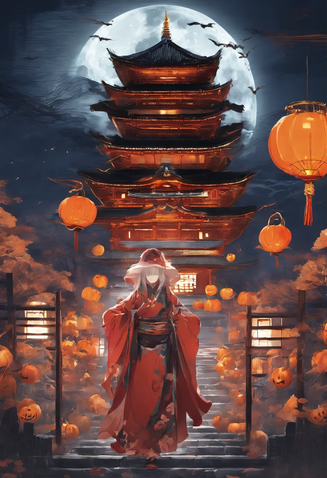 futuristic scene, Japanese-style architecture、Elegance in a sophisticated garden.. Halloween decorations in and around the Night City. The scene is a fusion of illustration and photorealism, Ultra-delicate brushstrokes and clarity, Vivid colors. Light art of the highest quality, 4K or 8K resolution, nightcity、The complex atmosphere of Halloween,The overall color scheme is、It is a combination of traditional Japanese tones, Crimson scene description. and subtle gold accents, With a futuristic twist. The fusion of ancient tradition and modern technology is、Create captivating and visually compelling masterpieces.Halloween、Halloween、pumpkins、Background Halloween、mischievous look、Evil face、Suspicious smile,complete face
