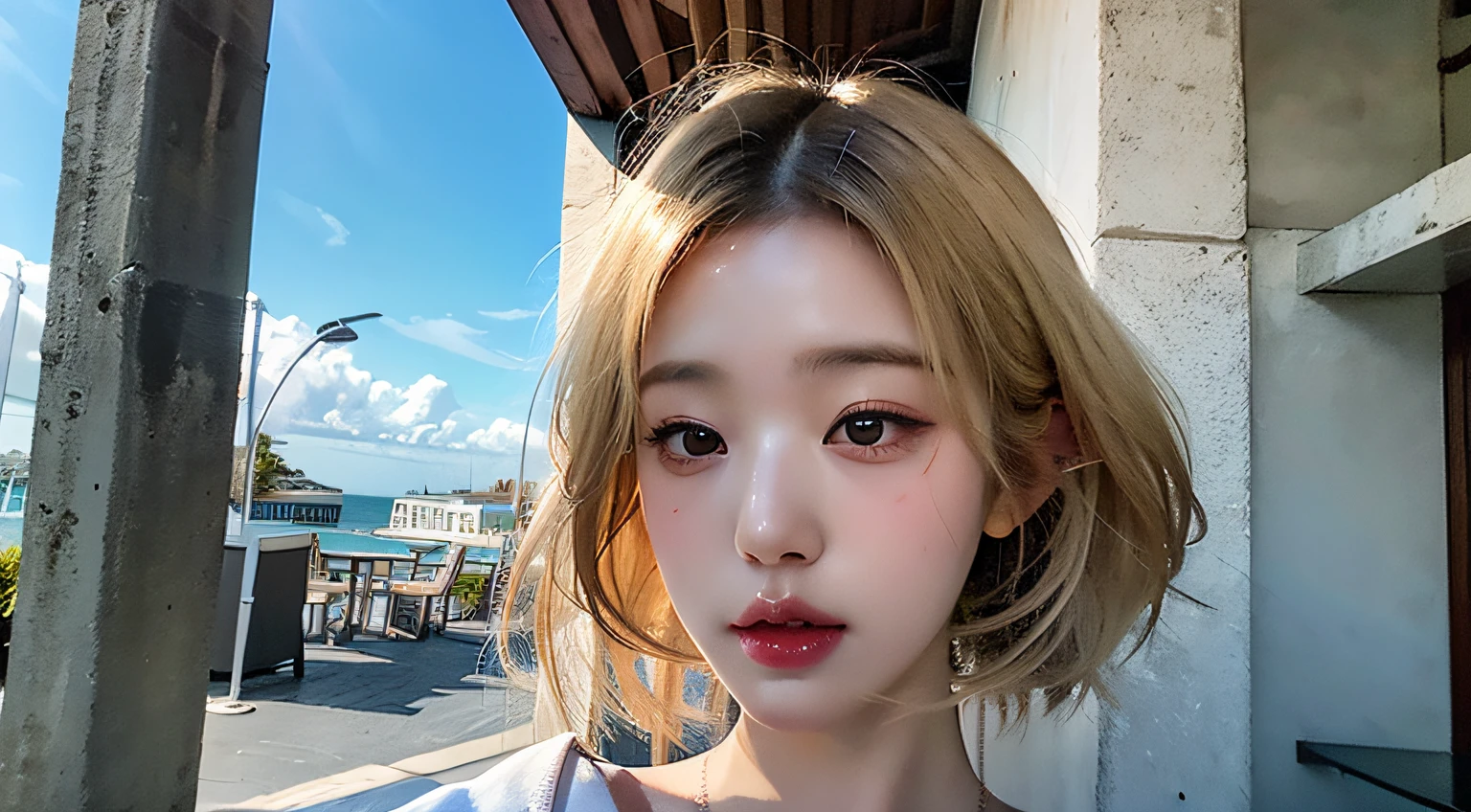 Best quality, masterpiece, super high resolution, (realistic: 1.4), original photo, wallpaper, head photo, skin, simple background, black eyes, blonde hair, detail, selfie, 1 girl, 18 years old, breeze, sunshine, blue sky, seaside