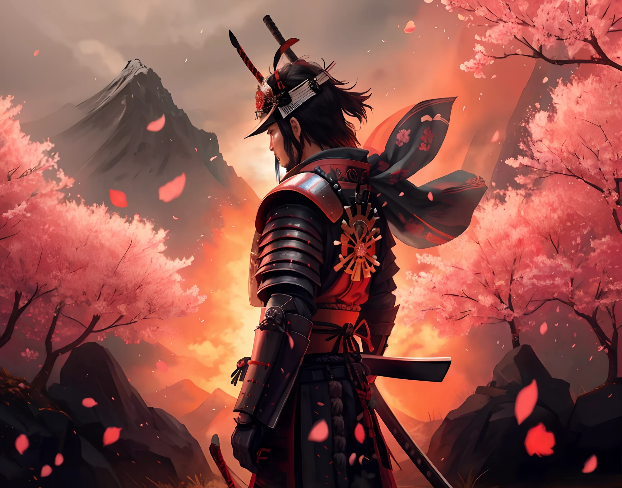 Samurai in full armor standing in front of a mountain with cherry blossoms, epic samurai warrrior, guerreiro samurai, Retrato Samurai, Estilo Samurai, japanese samurai, como um samurai, demon samurai warrior, feudal japan art, Samurai, japanese warrior, ancient japanese samurai, Demon Samurai, Samurai ciborgue, homem Samurai, Retrato de um samurai