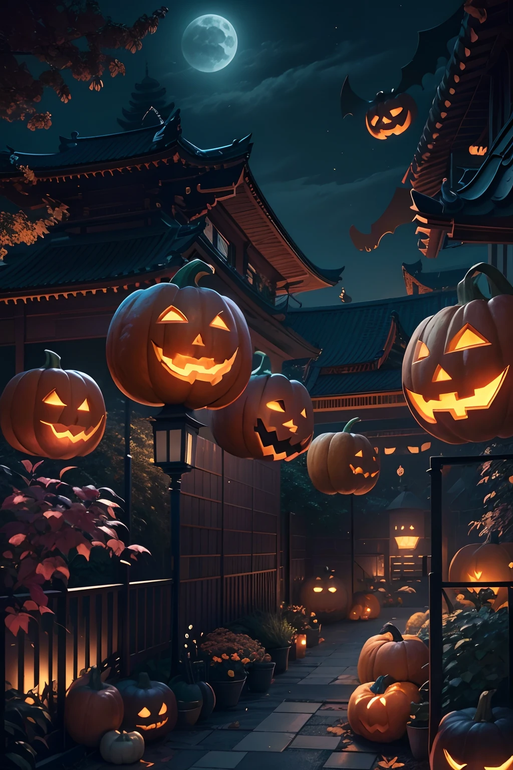futuristic scene, Japanese-style architecture、Elegance in a sophisticated garden.. Halloween decorations in and around the Night City. The scene is a fusion of illustration and photorealism, Ultra-delicate brushstrokes and clarity, Vivid colors. Light art of the highest quality, 4K or 8K resolution, nightcity、The complex atmosphere of Halloween,Complete pumpkin head,Full pumpkin face