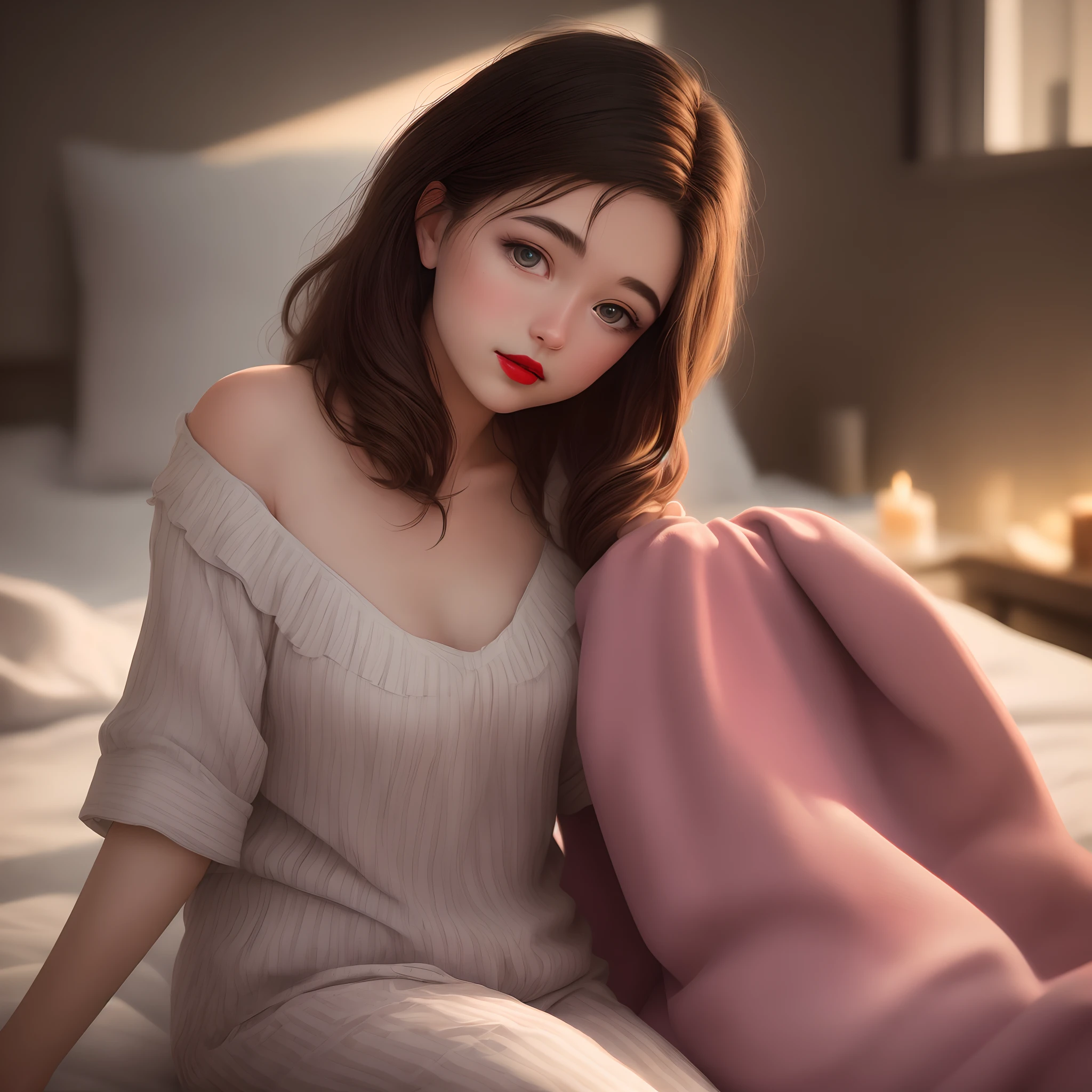 Uma mulher jovem e bonita, brown hair that falls gently in waves up to the shoulders, altura mediana, olhos grandes e castanho, pele morena, she's in her pyjamas. Branco, ela esta em sua cama, fazendo cuidados com a pela antes de dormir, The environment is illuminated with lights of warm and pleasant colors making your hair shine, seu semblante esta naturalmente sereno, lips with red lipstick, Textura 8K, altamente detalhados, realista, soft  Cinematic Light, HDR, foco nítido, obra-prima, fotorrealista, fotografia premiada, Canon EOS R5, 35 mm