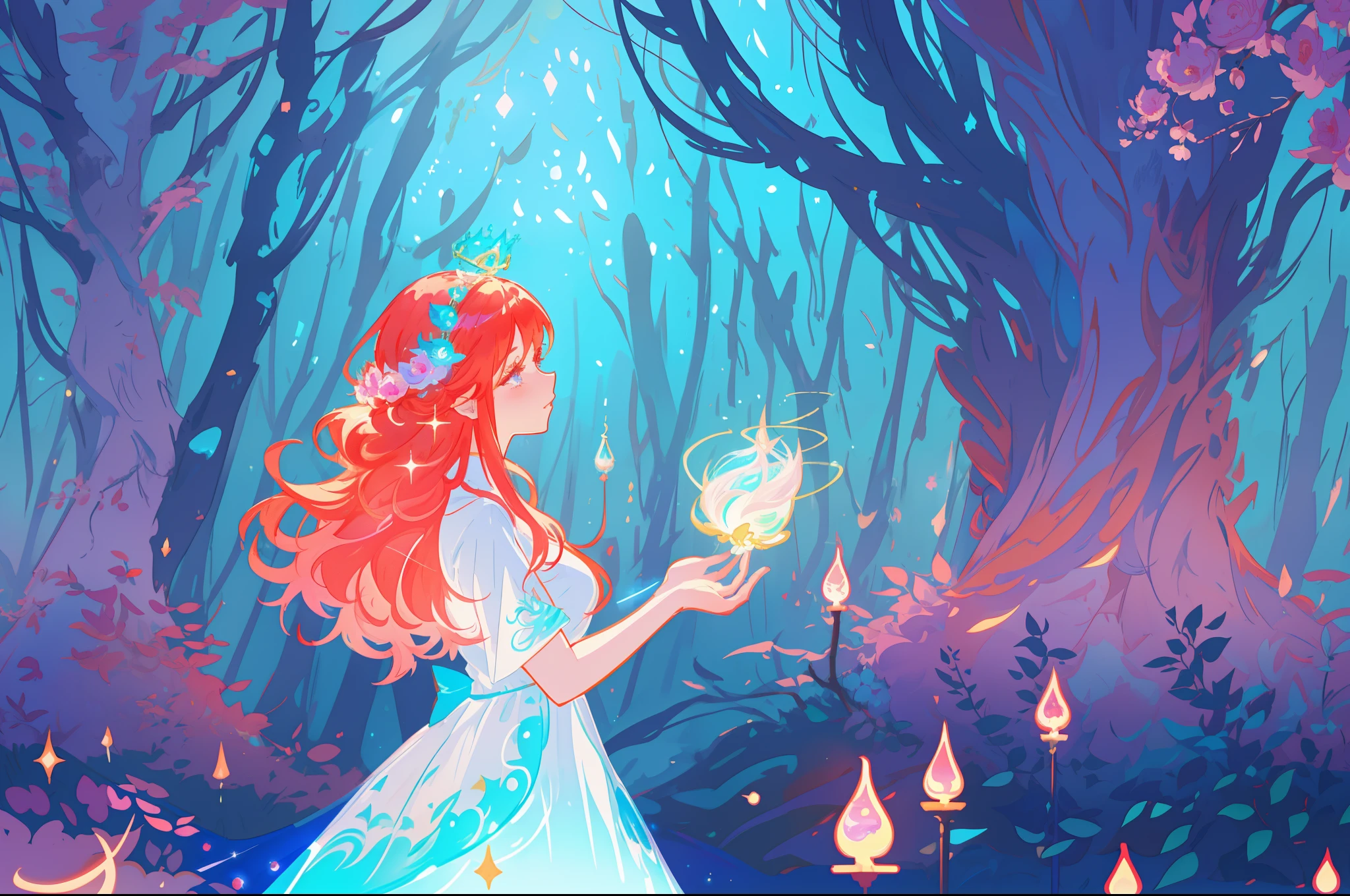 beautiful girl in the forest, beautiful anime girl in white dress, vibrant pastel colors, (colorful), magical lights, long red hair and a crown of flowers on her head, sparkling lights, fairy lights, inspired by Glen Keane, inspired by Lois van Baarle, disney art style, by Lois van Baarle, glowing aura around her, by Glen Keane, jen bartel, glowing lights! digital painting, flowing glowing hair, glowing flowing hair, beautiful digital illustration, fantasia background, whimsical, magical, fantasy, beautiful face, ((masterpiece, best quality)), intricate details, highly detailed, sharp focus, 8k resolution, sparkling detailed eyes, liquid watercolor, forest landscape background