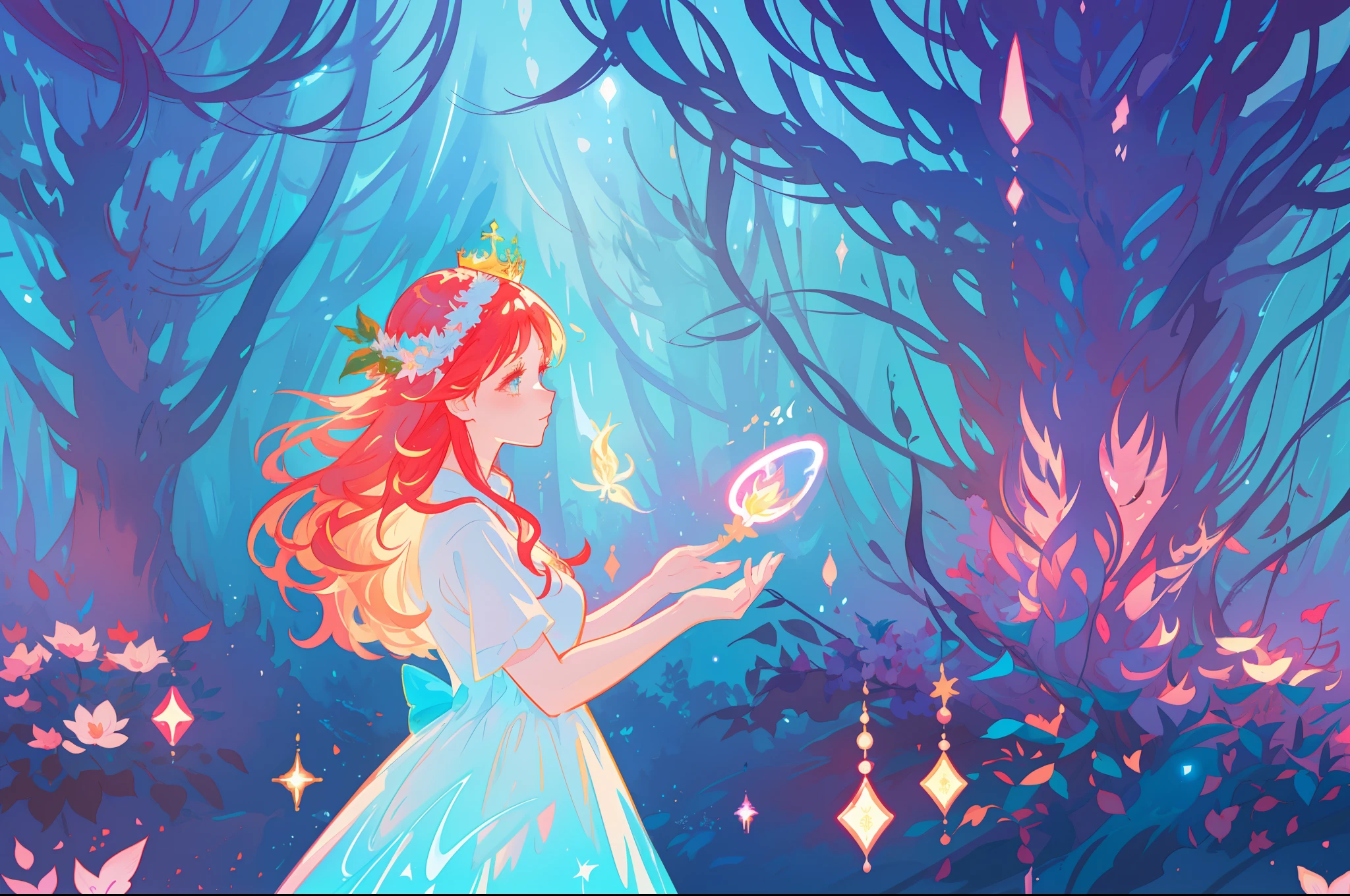 beautiful girl in the forest, beautiful anime girl in white dress, vibrant pastel colors, (colorful), magical lights, long red hair and a crown of flowers on her head, sparkling lights, fairy lights, inspired by Glen Keane, inspired by Lois van Baarle, disney art style, by Lois van Baarle, glowing aura around her, by Glen Keane, jen bartel, glowing lights! digital painting, flowing glowing hair, glowing flowing hair, beautiful digital illustration, fantasia background, whimsical, magical, fantasy, beautiful face, ((masterpiece, best quality)), intricate details, highly detailed, sharp focus, 8k resolution, sparkling detailed eyes, liquid watercolor, forest landscape background