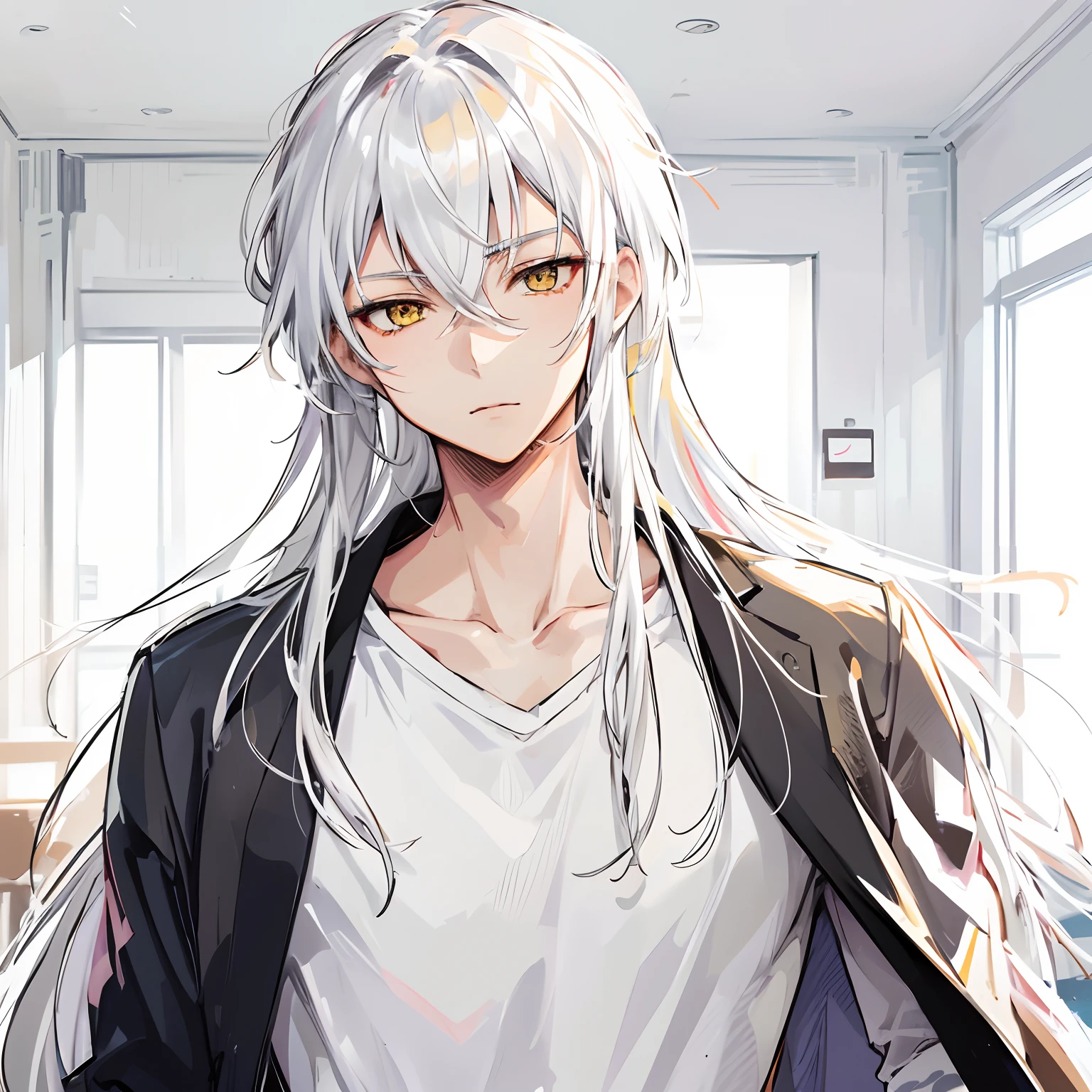 Japanese anime, beautiful young man, white hair, yellow eyes, sharp eyes, long hair, hair tied low, model standing, posing, chic room,high quality, amount of drawing, pixiv illustration