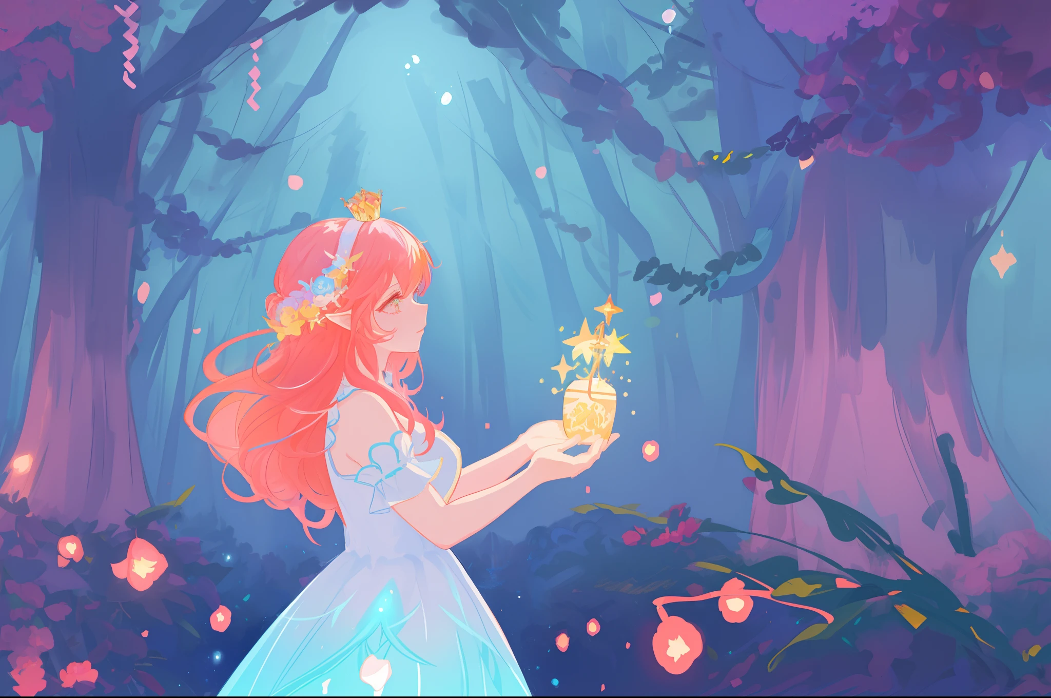 beautiful girl in the forest, beautiful anime girl in white dress, vibrant pastel colors, (colorful), magical lights, long red hair and a crown of flowers on her head, sparkling lights, fairy lights, inspired by Glen Keane, inspired by Lois van Baarle, disney art style, by Lois van Baarle, glowing aura around her, by Glen Keane, jen bartel, glowing lights! digital painting, flowing glowing hair, glowing flowing hair, beautiful digital illustration, fantasia background, whimsical, magical, fantasy, beautiful face, ((masterpiece, best quality)), intricate details, highly detailed, sharp focus, 8k resolution, sparkling detailed eyes, liquid watercolor, forest landscape background