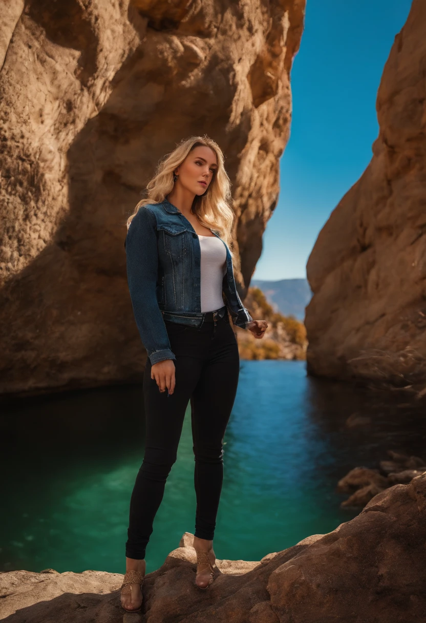 best quality, circunstanciado, 4k, Foto RAW, master part, Rosto detalhado,, Estrelas, Planetas, galaxy, space,, Android 18, big breasts, wide hips, thin, wearing a denim jacket, black pants, walking on rocks