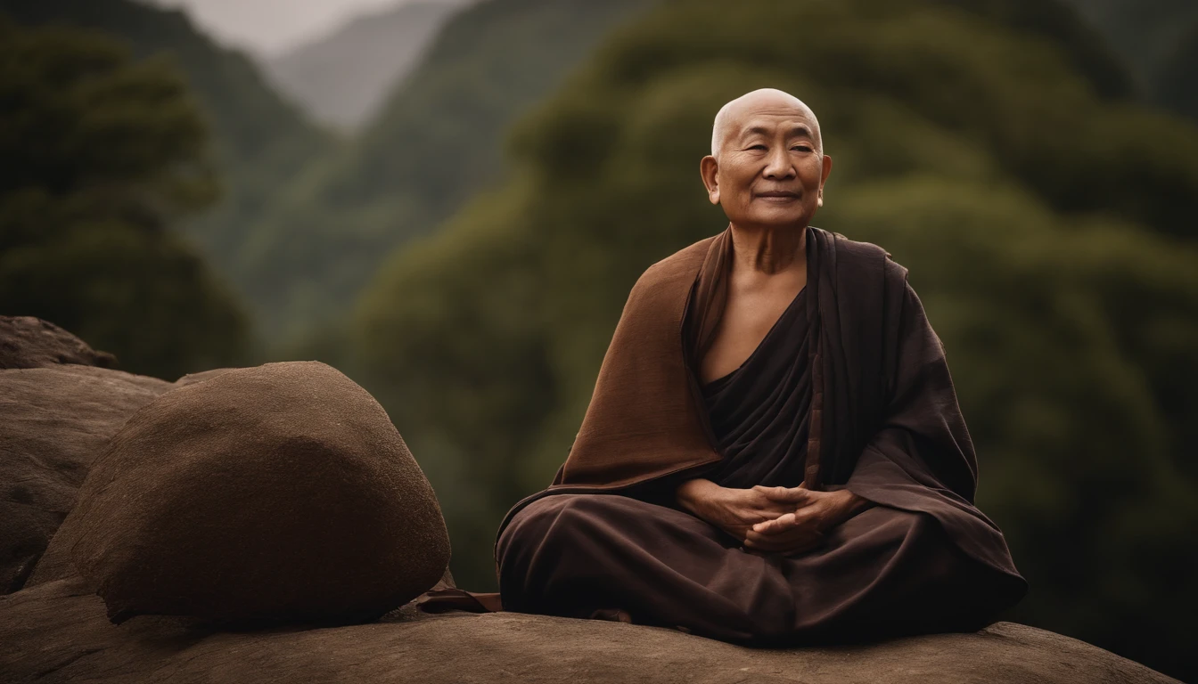 Depict Buddha's unwavering determination and efforts, showcasing his resilience in the face of challenges during his spiritual journey, A man of about 90 years old, Vulture Zen Master, Meditate on your back and smile, super sharp focus,Sit on top of a hill,frontage, photograph realistic, Medieval menswear, Tetrahedral color (Scar:1,4)